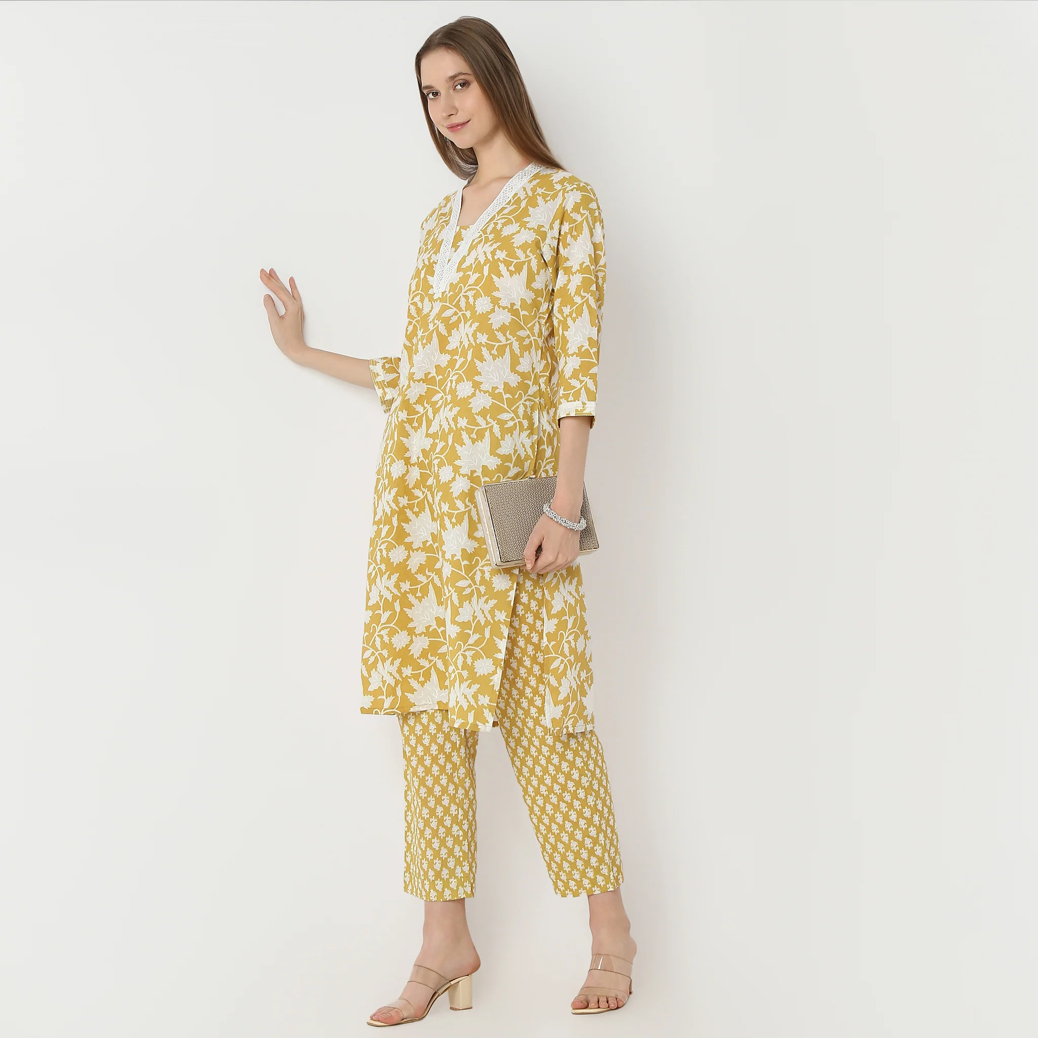 Printed V-Neck Straight Kurta With Pant Set