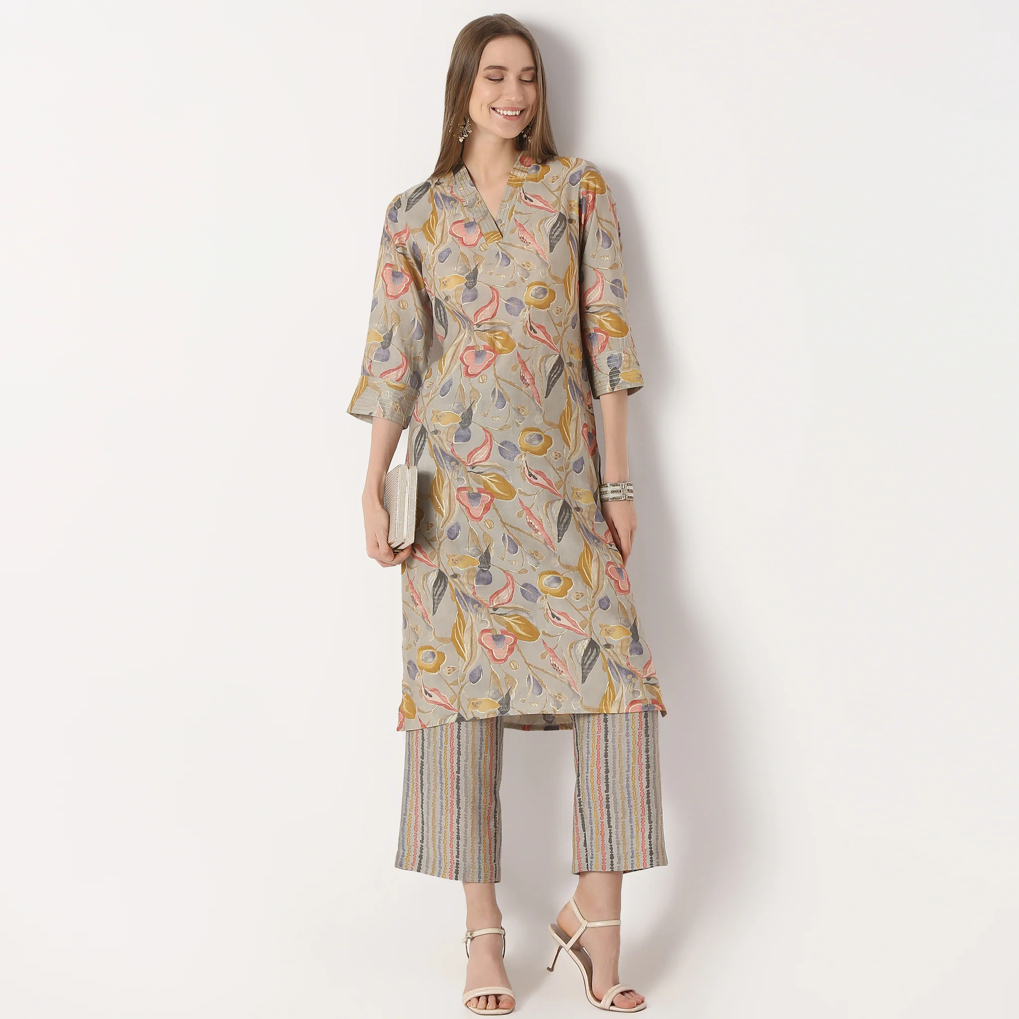 Printed V-Neck Straight Kurta With Pant Set