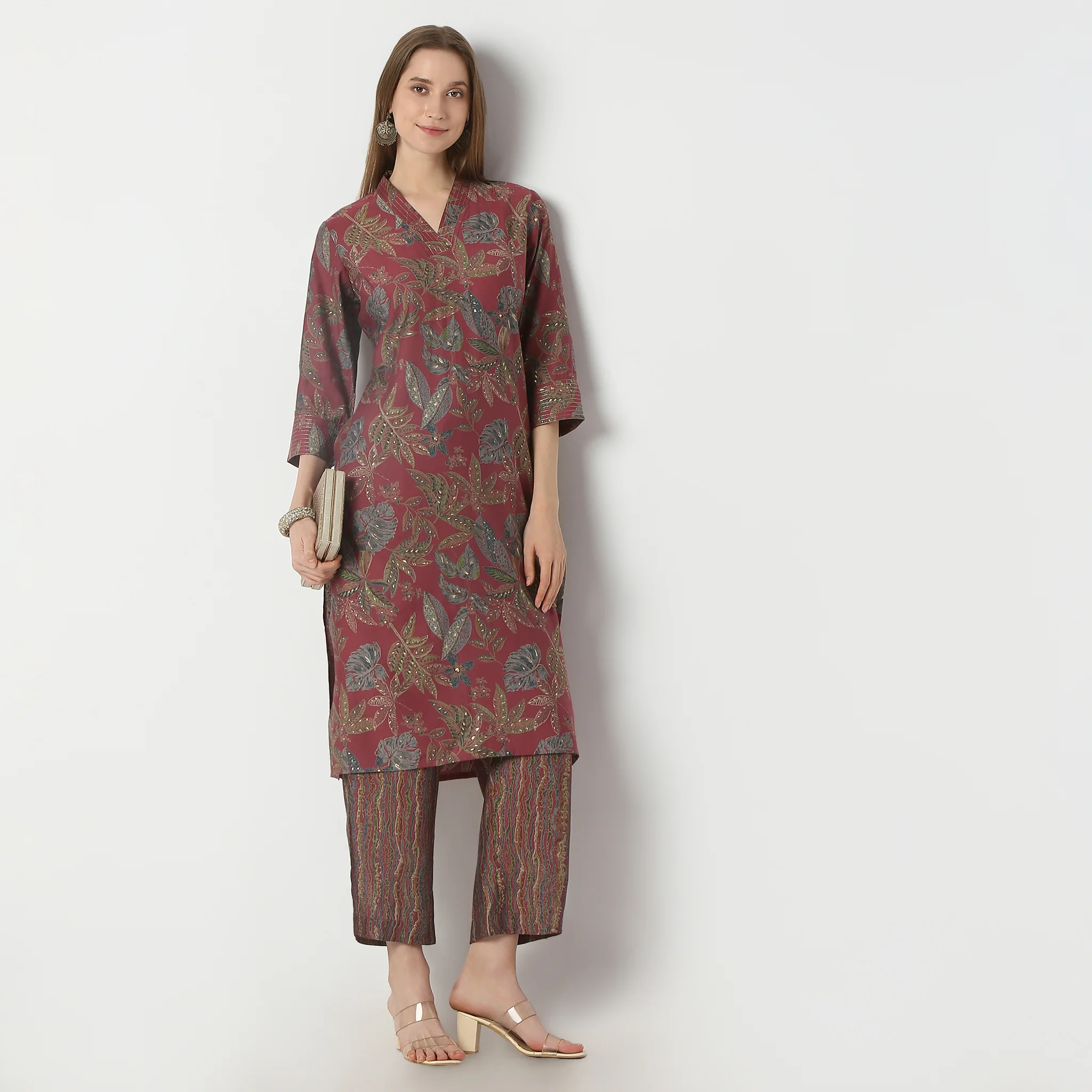 Printed V-Neck Straight Kurta With Pant Set