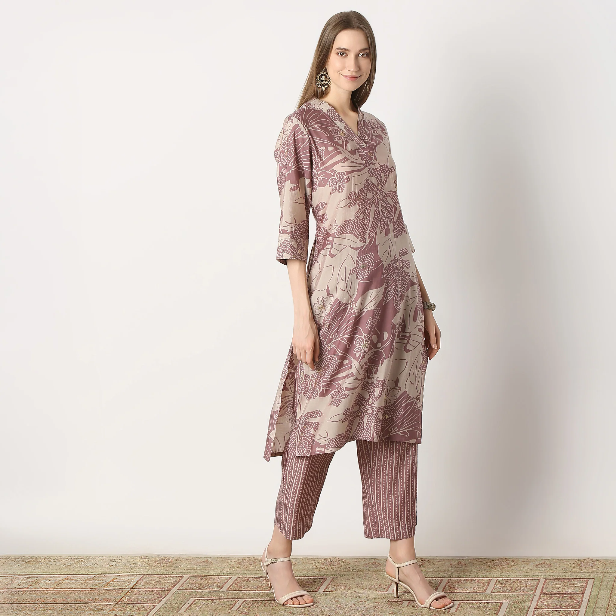 Printed V-Neck Straight Kurta With Pant Set