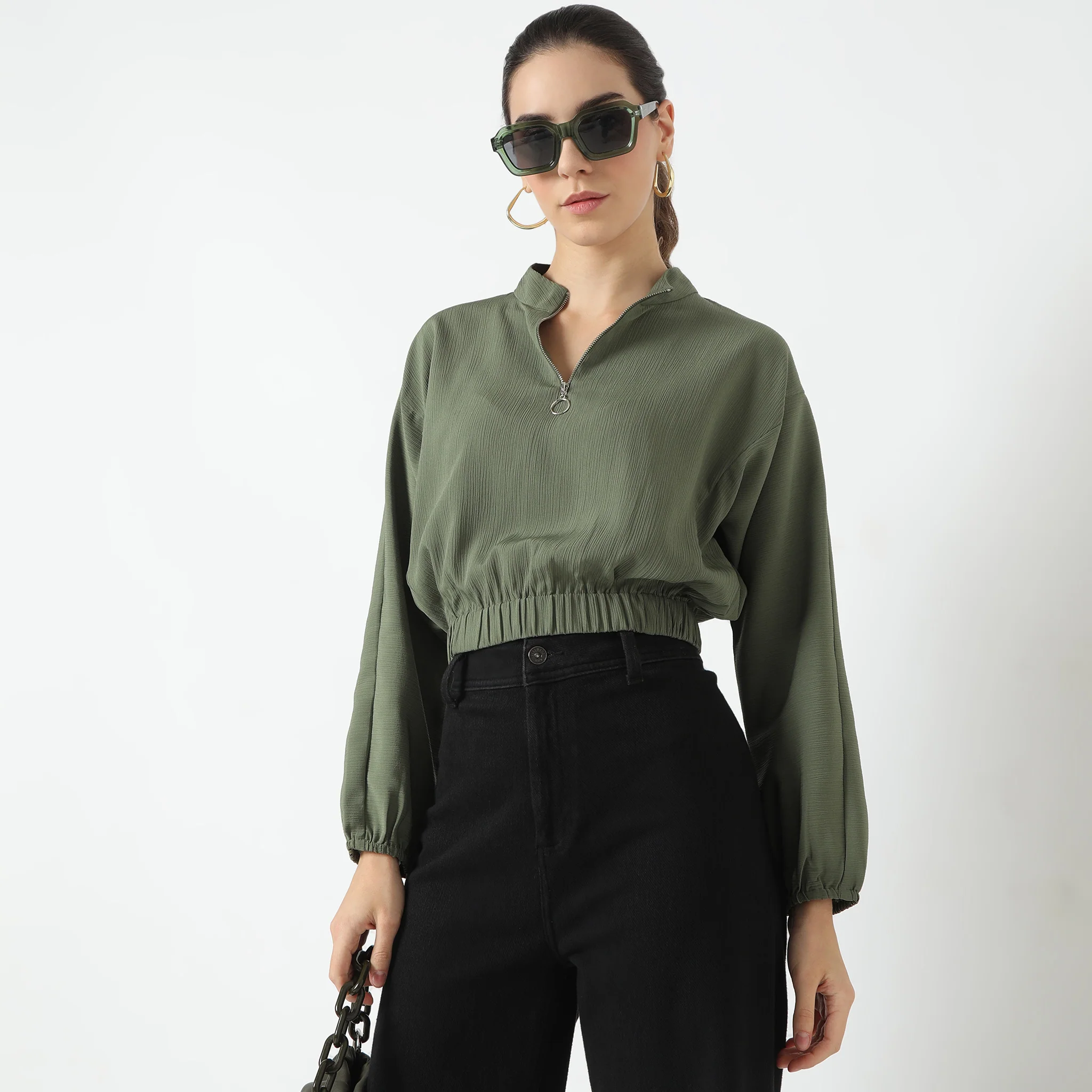 Full Sleeve Band Collar Betty Solid Top With Zipper Openig - Image 2