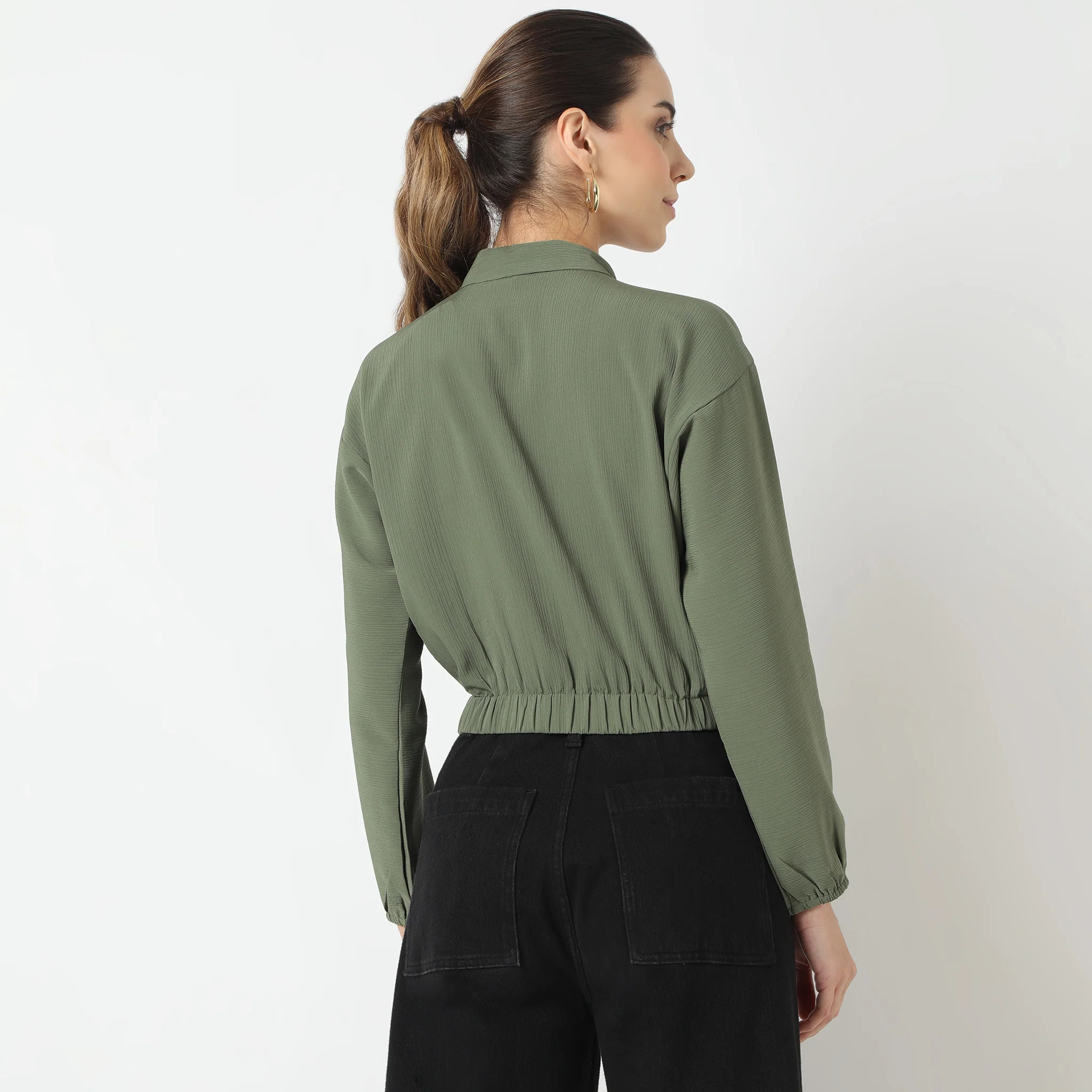 Full Sleeve Band Collar Betty Solid Top With Zipper Openig - Image 3