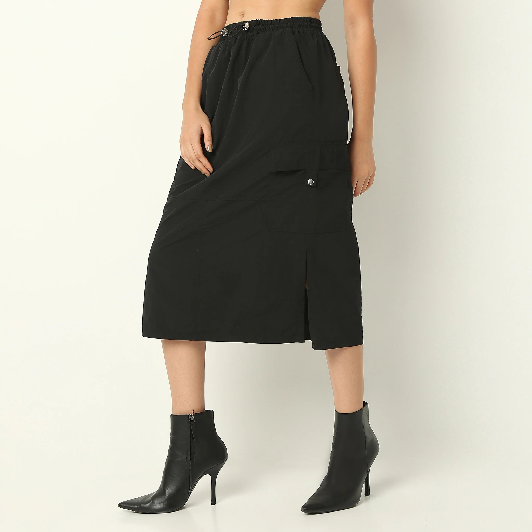 Calf Length Solid Betty Skirt With Side Slit And Patch Pockets - Image 10
