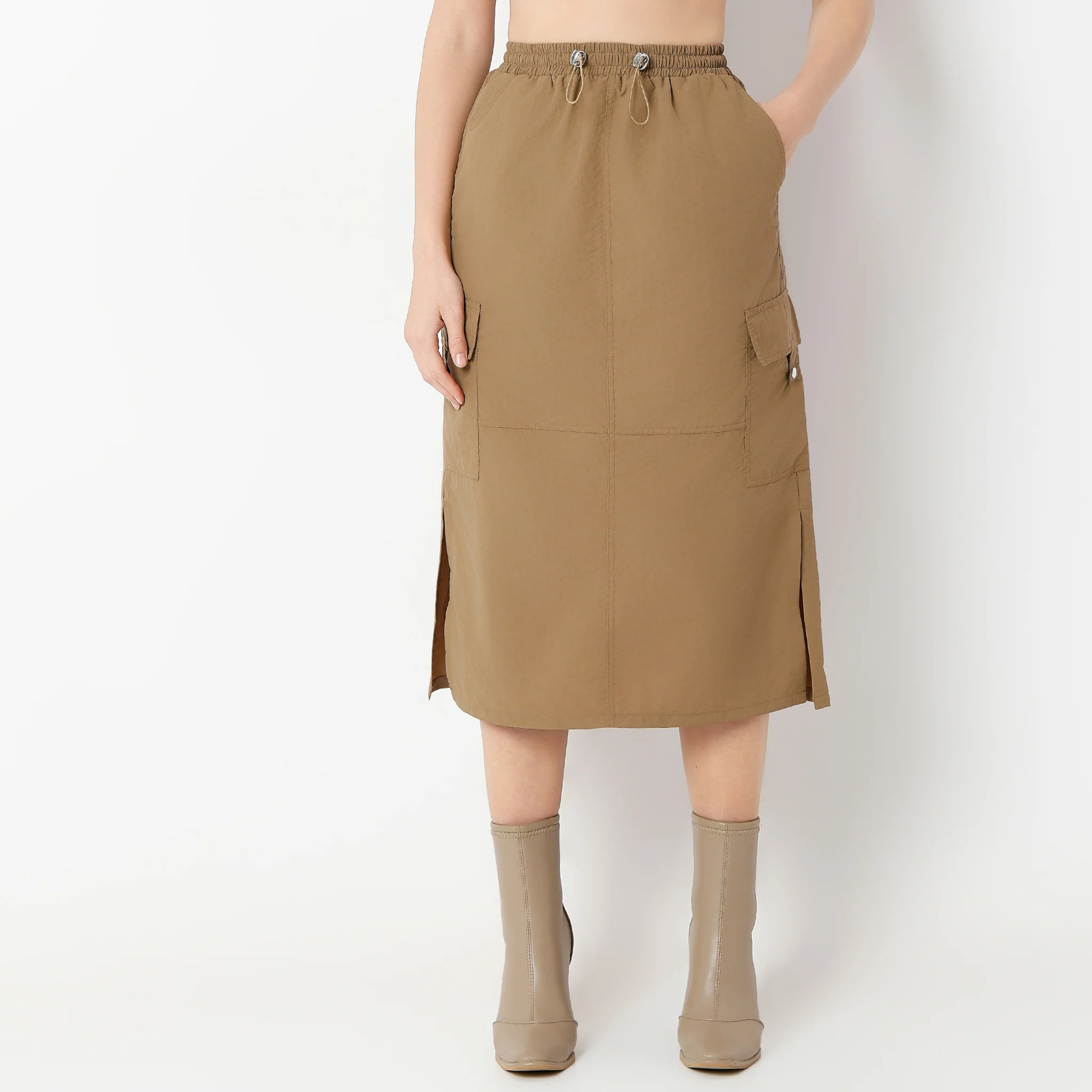 Calf Length Solid Betty Skirt With Side Slit And Patch Pockets - Image 2