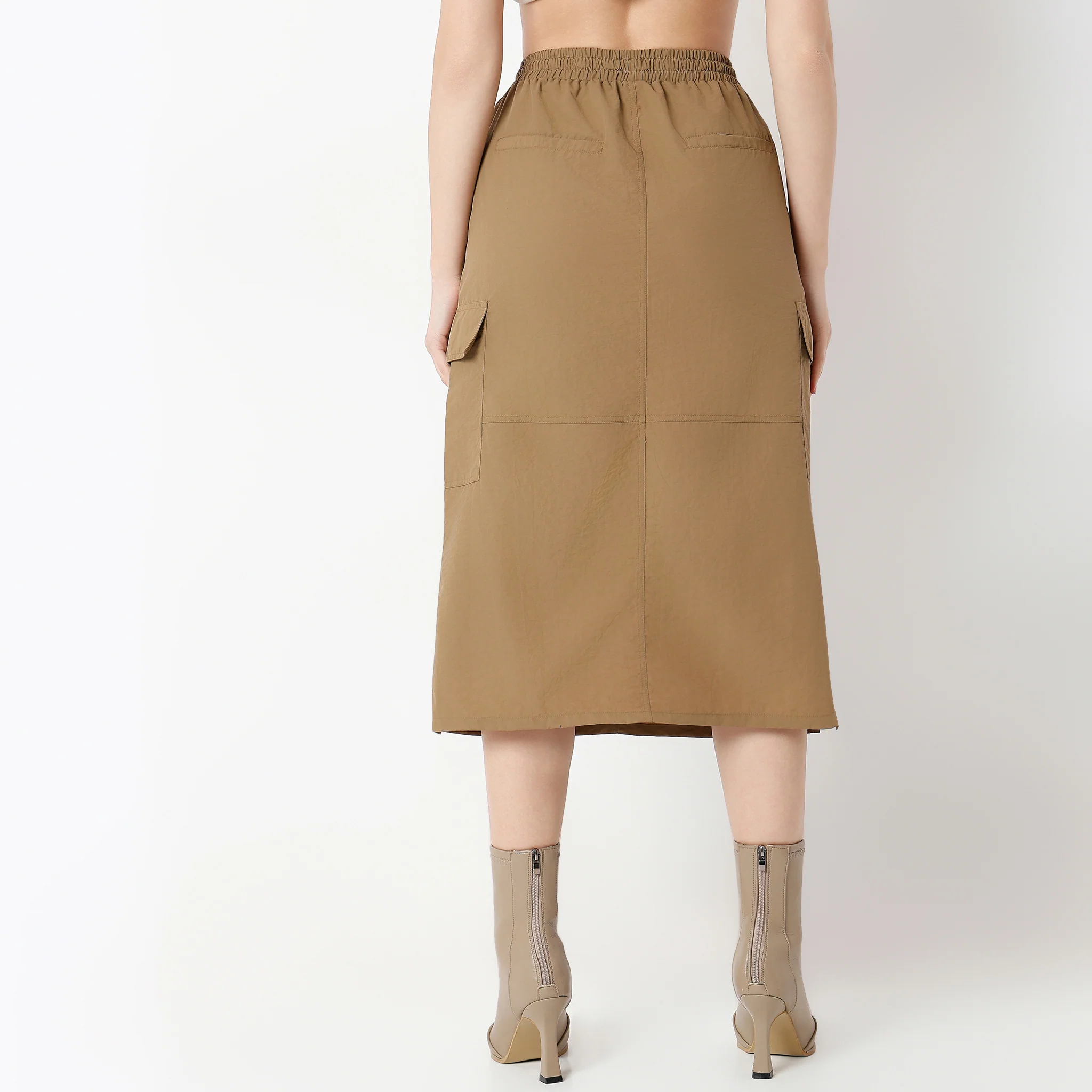 Calf Length Solid Betty Skirt With Side Slit And Patch Pockets - Image 3