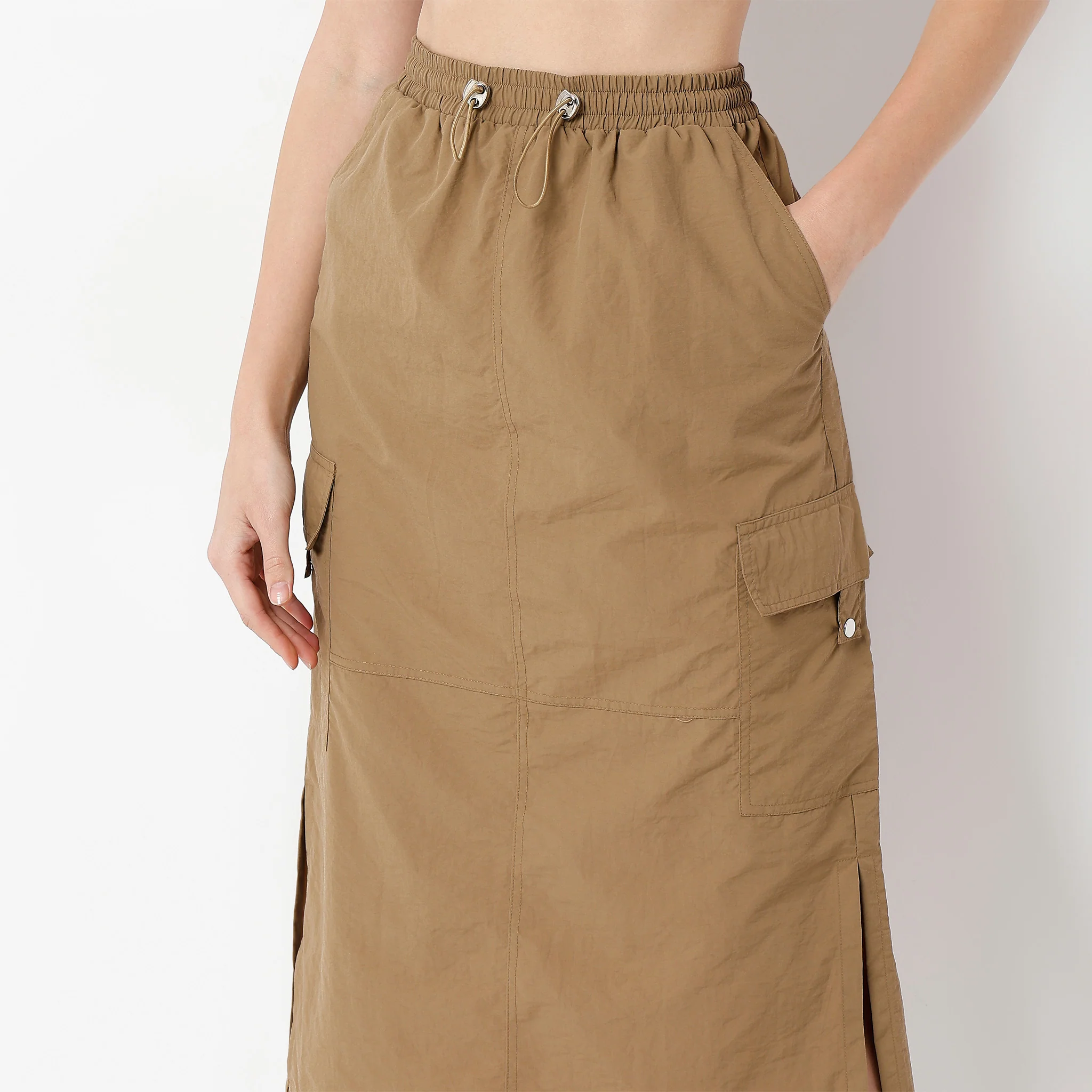 Calf Length Solid Betty Skirt With Side Slit And Patch Pockets - Image 4