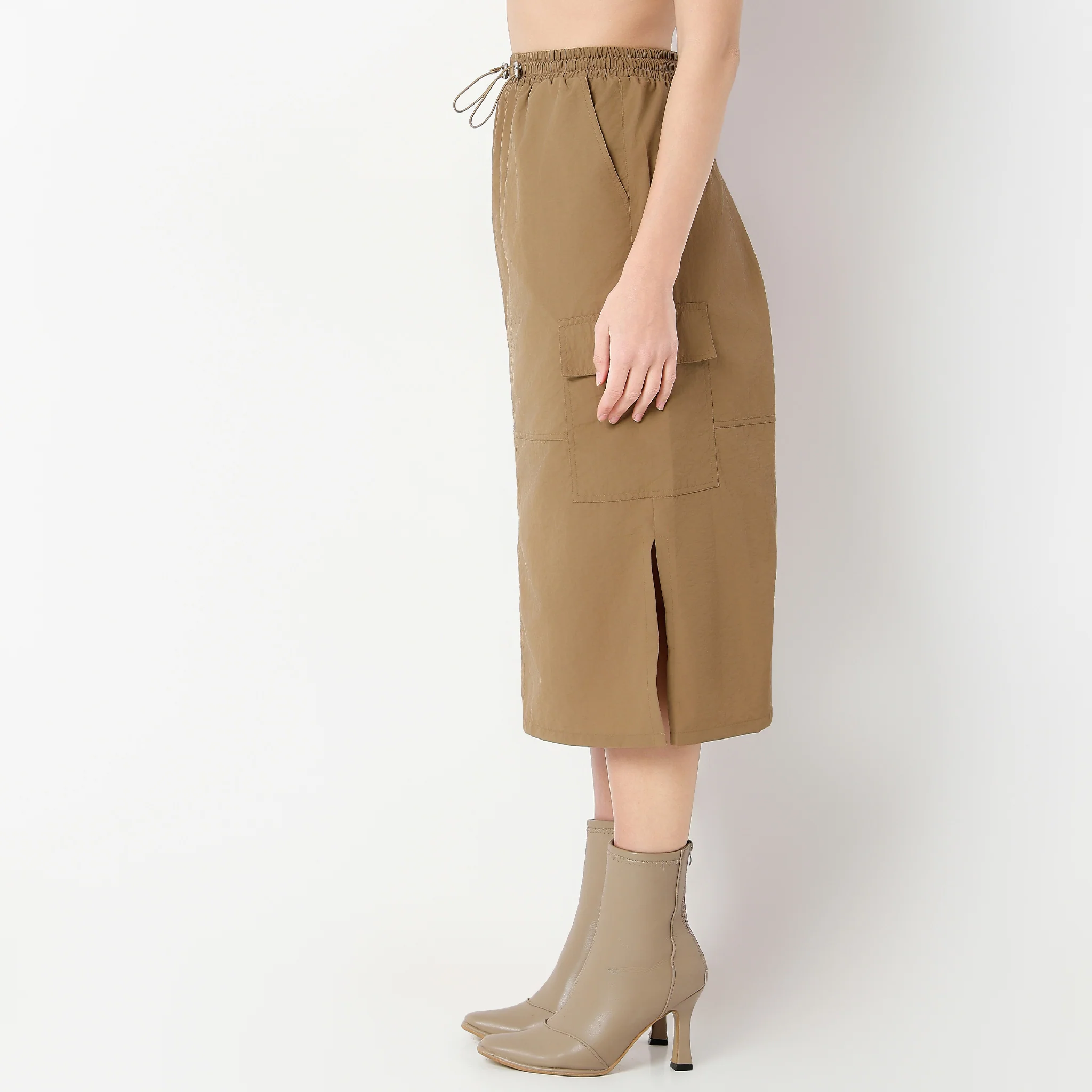 Calf Length Solid Betty Skirt With Side Slit And Patch Pockets - Image 5