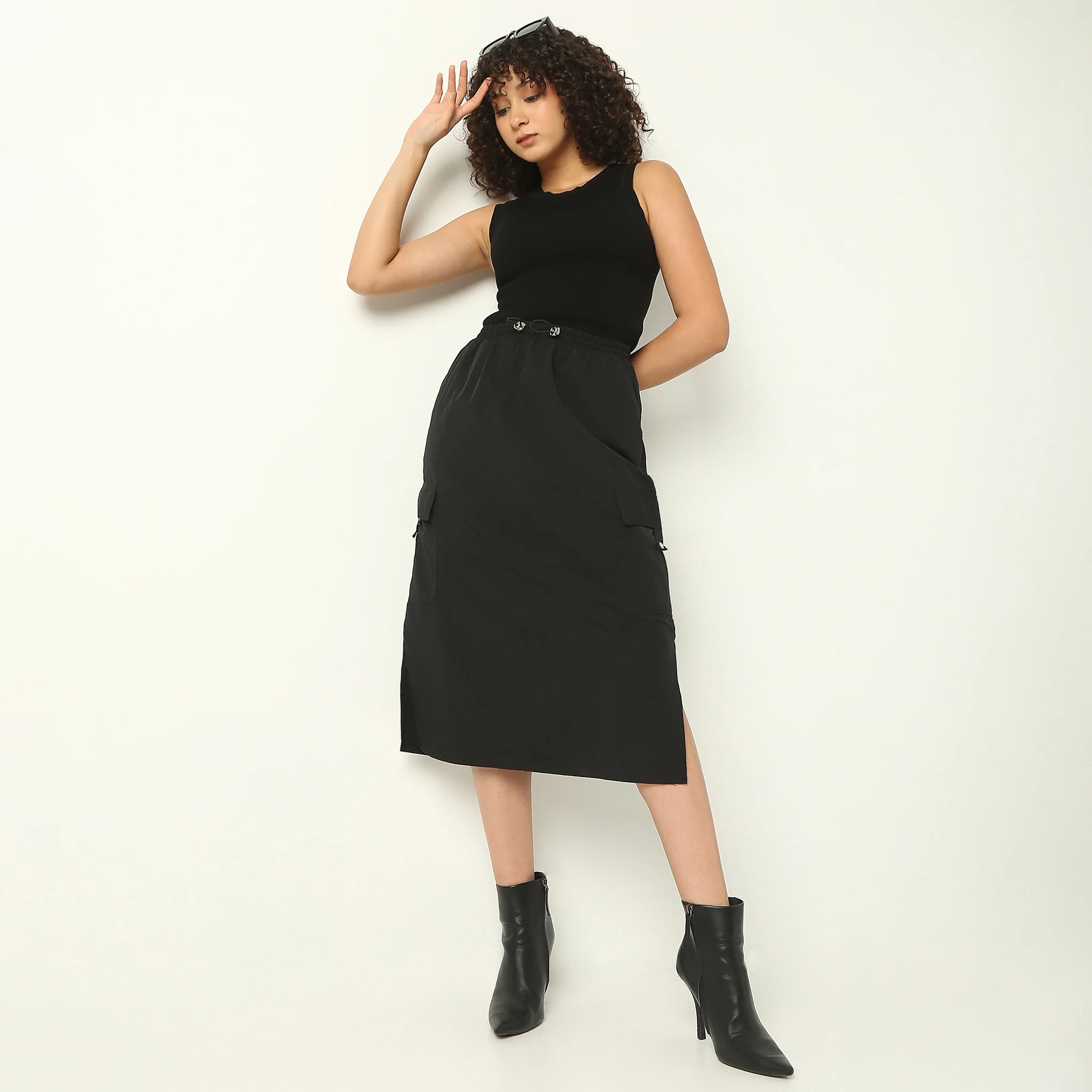 Calf Length Solid Betty Skirt With Side Slit And Patch Pockets - Image 6