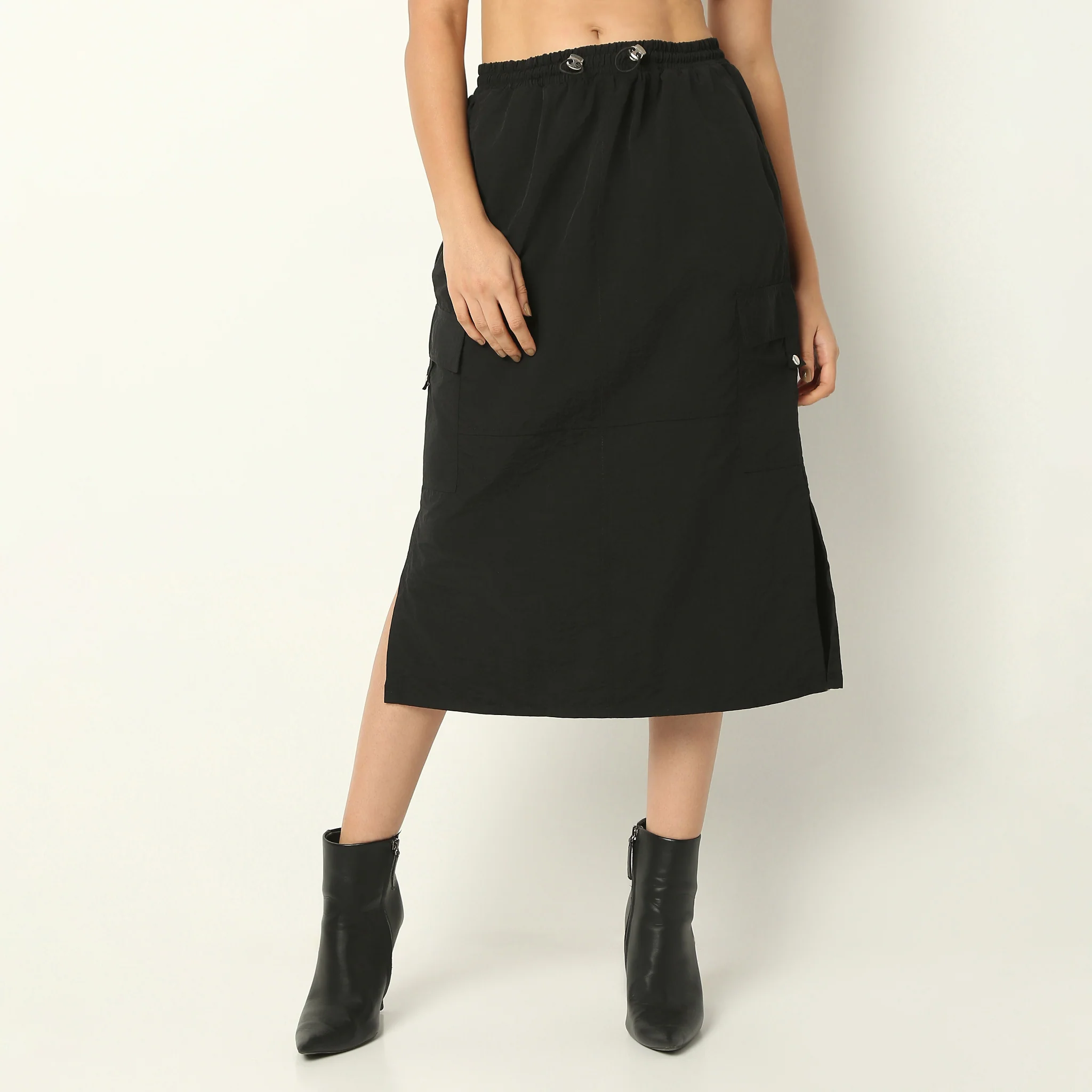 Calf Length Solid Betty Skirt With Side Slit And Patch Pockets - Image 7