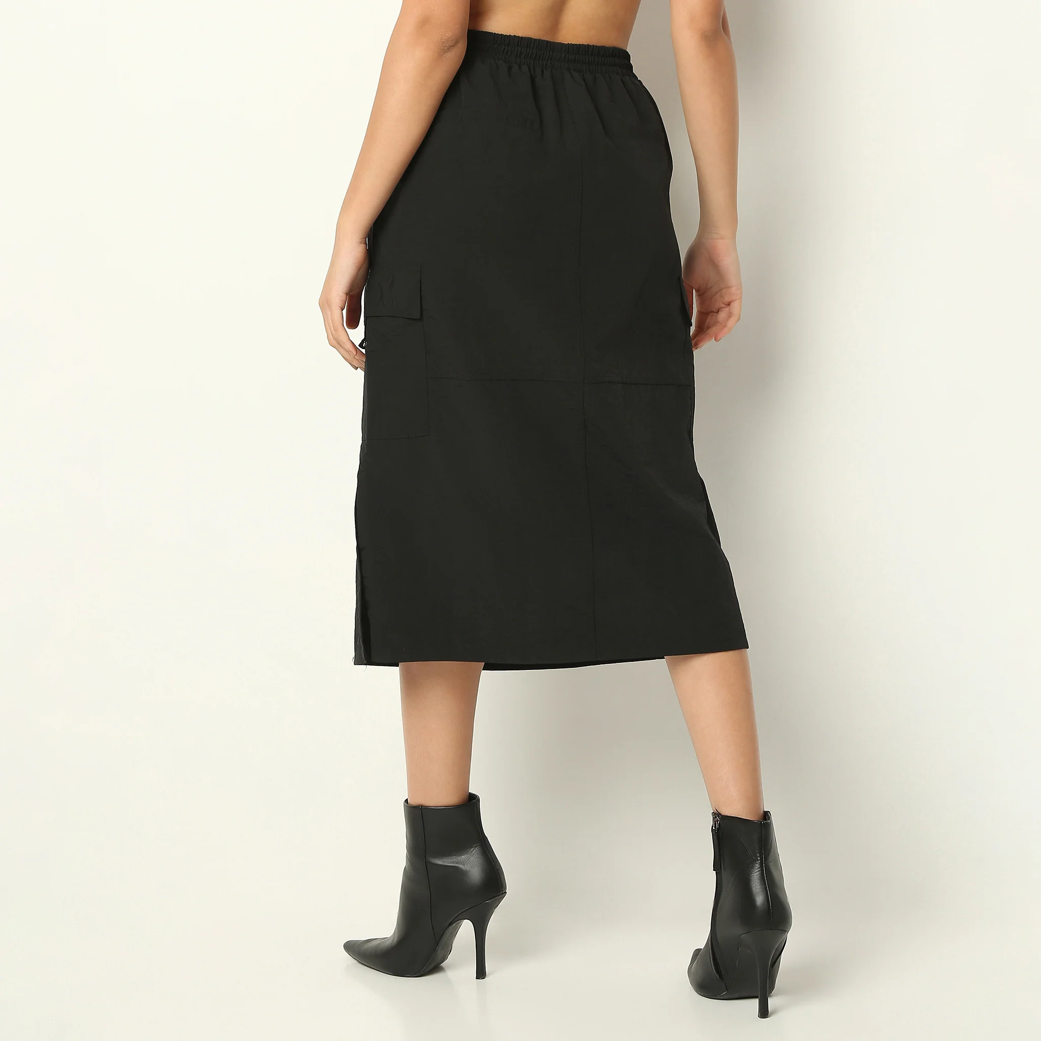 Calf Length Solid Betty Skirt With Side Slit And Patch Pockets - Image 8