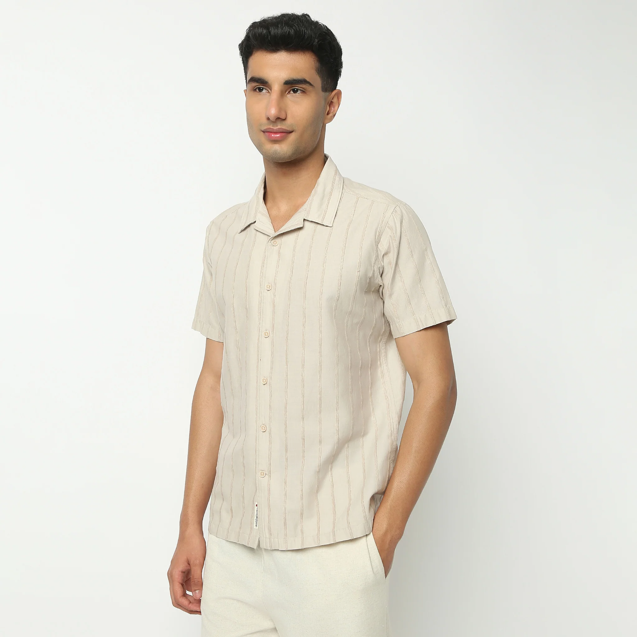 Camp Collar Half Sleeve Striped Structured Solid Bae Shirt - Image 5