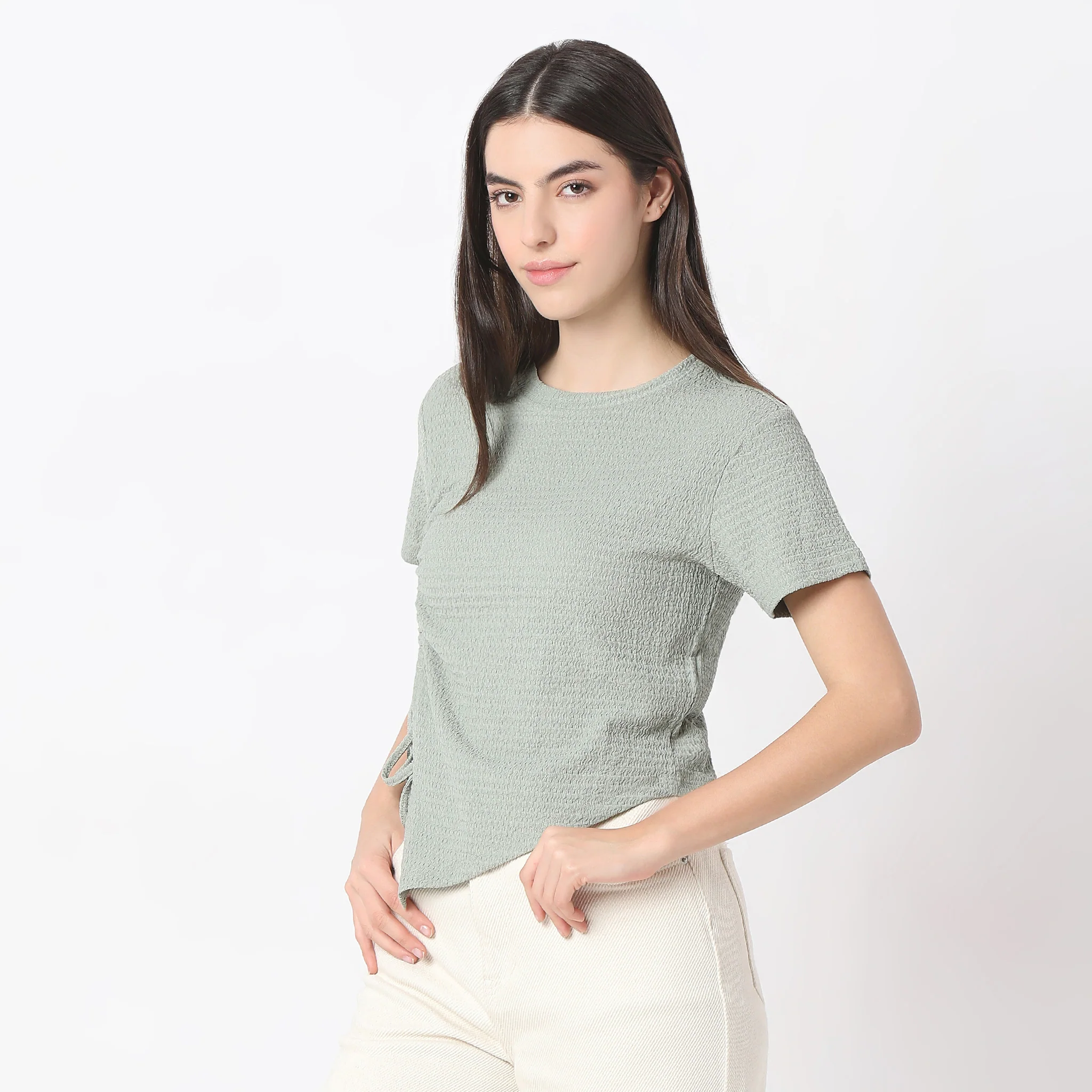 Regular Fit Solid Cropped Betty Short Sleeve Top With Ruching - Image 10