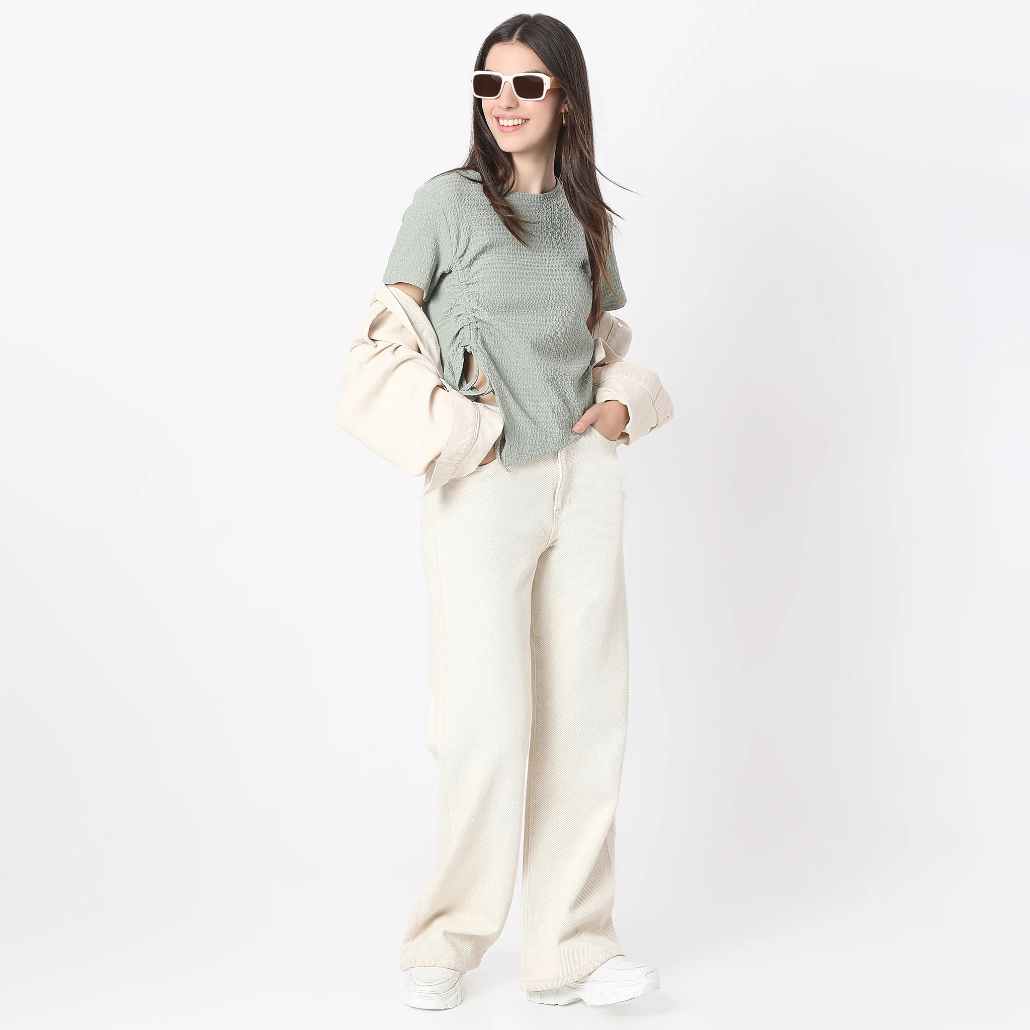 Regular Fit Solid Cropped Betty Short Sleeve Top With Ruching - Image 6