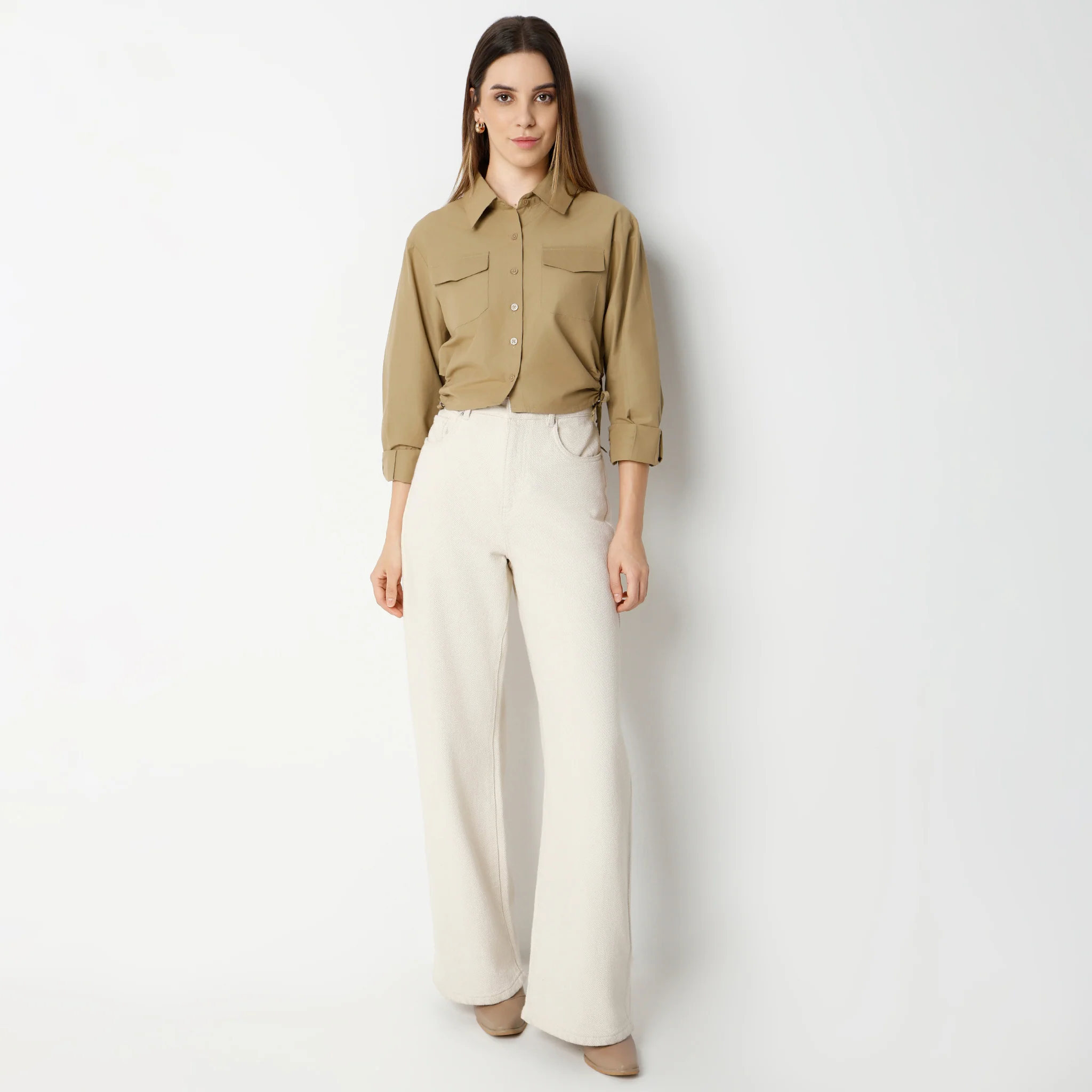 Cropped Three Fourth Sleeve Crop Shirt With Patch Pocket - Image 2