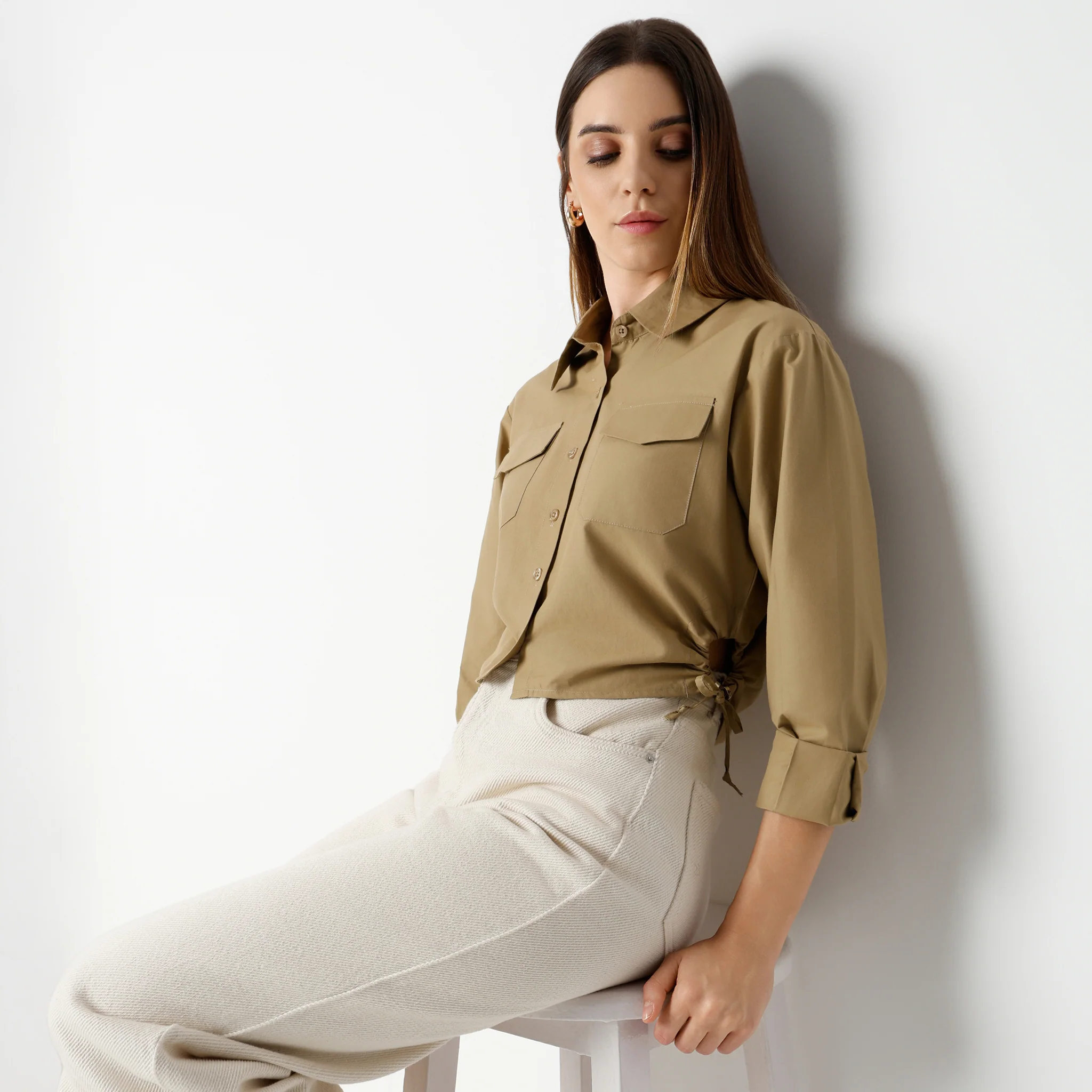 Cropped Three Fourth Sleeve Crop Shirt With Patch Pocket - Image 5