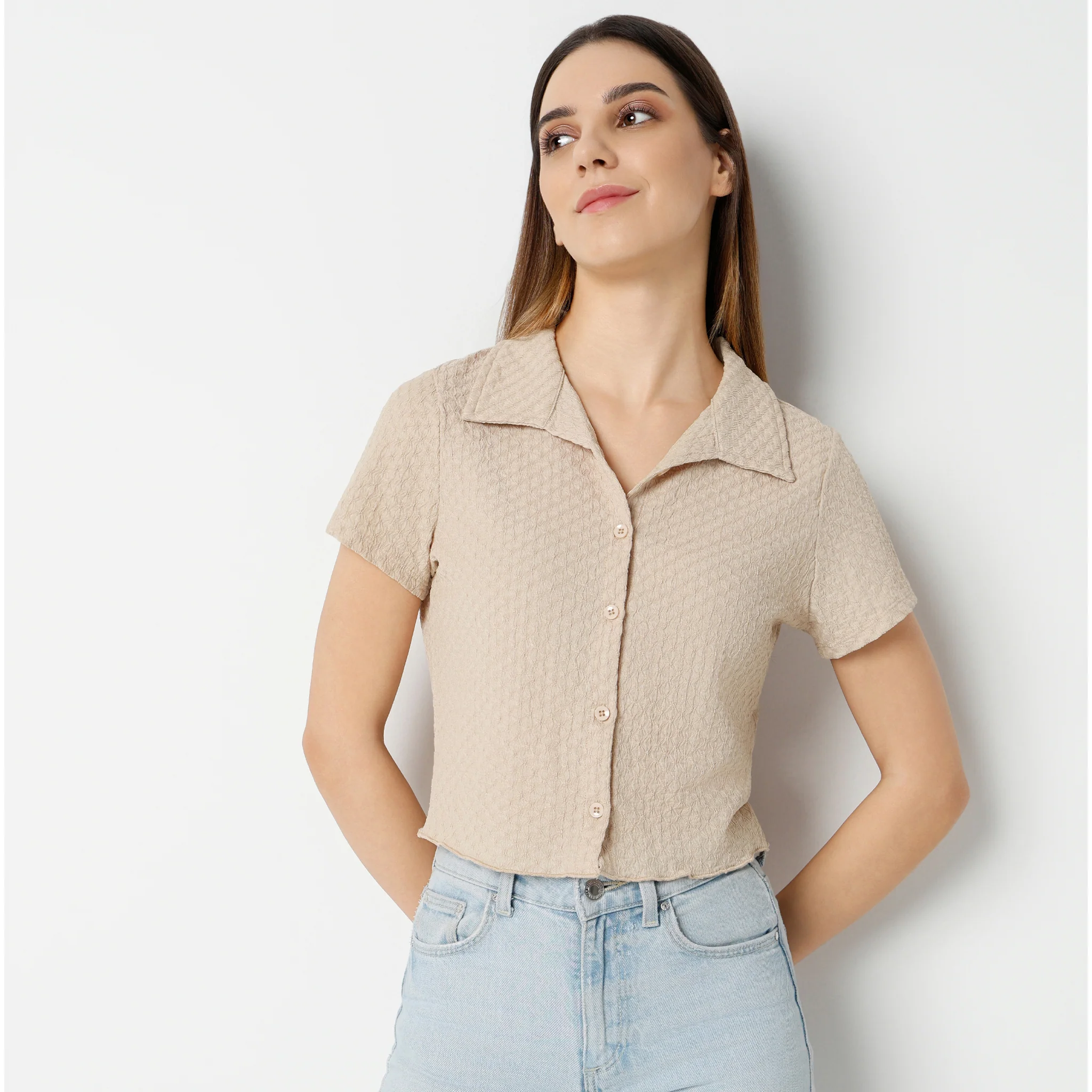 Solid Short Sleeve Crop Shirt