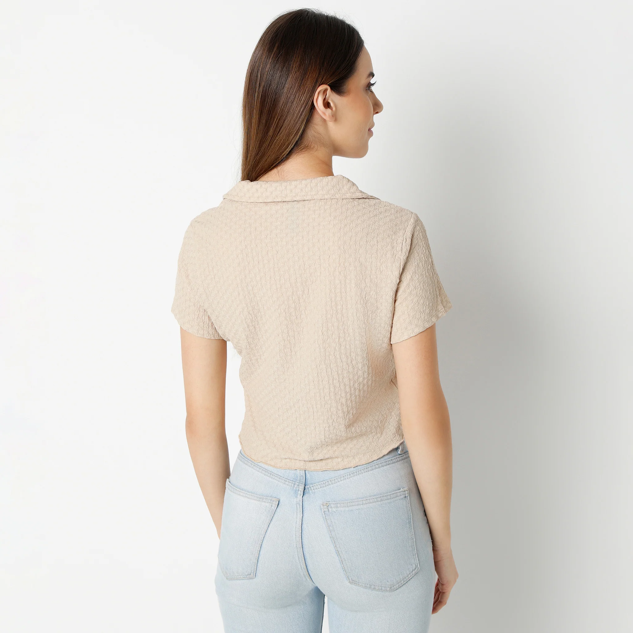 Solid Short Sleeve Crop Shirt - Image 3
