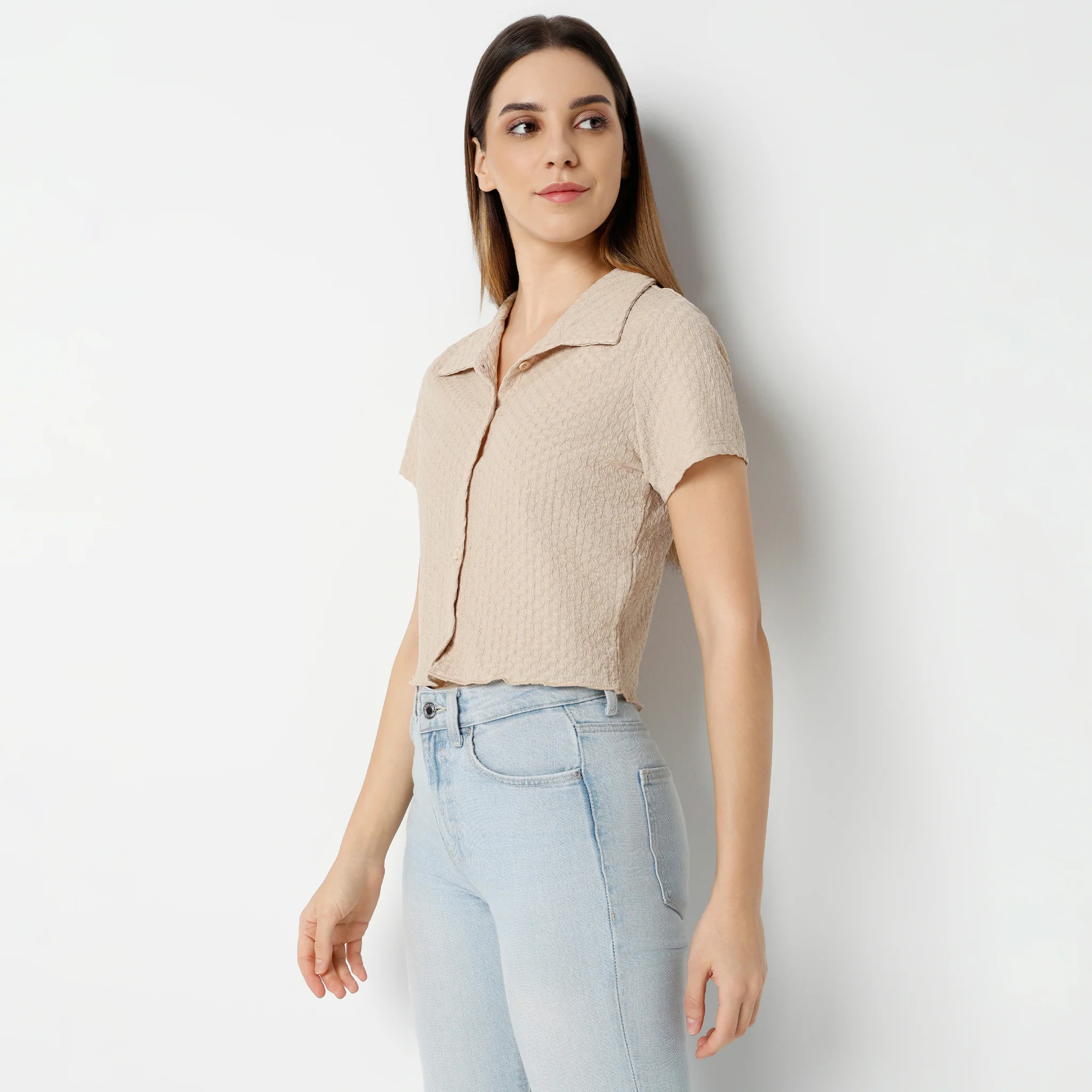 Solid Short Sleeve Crop Shirt - Image 5