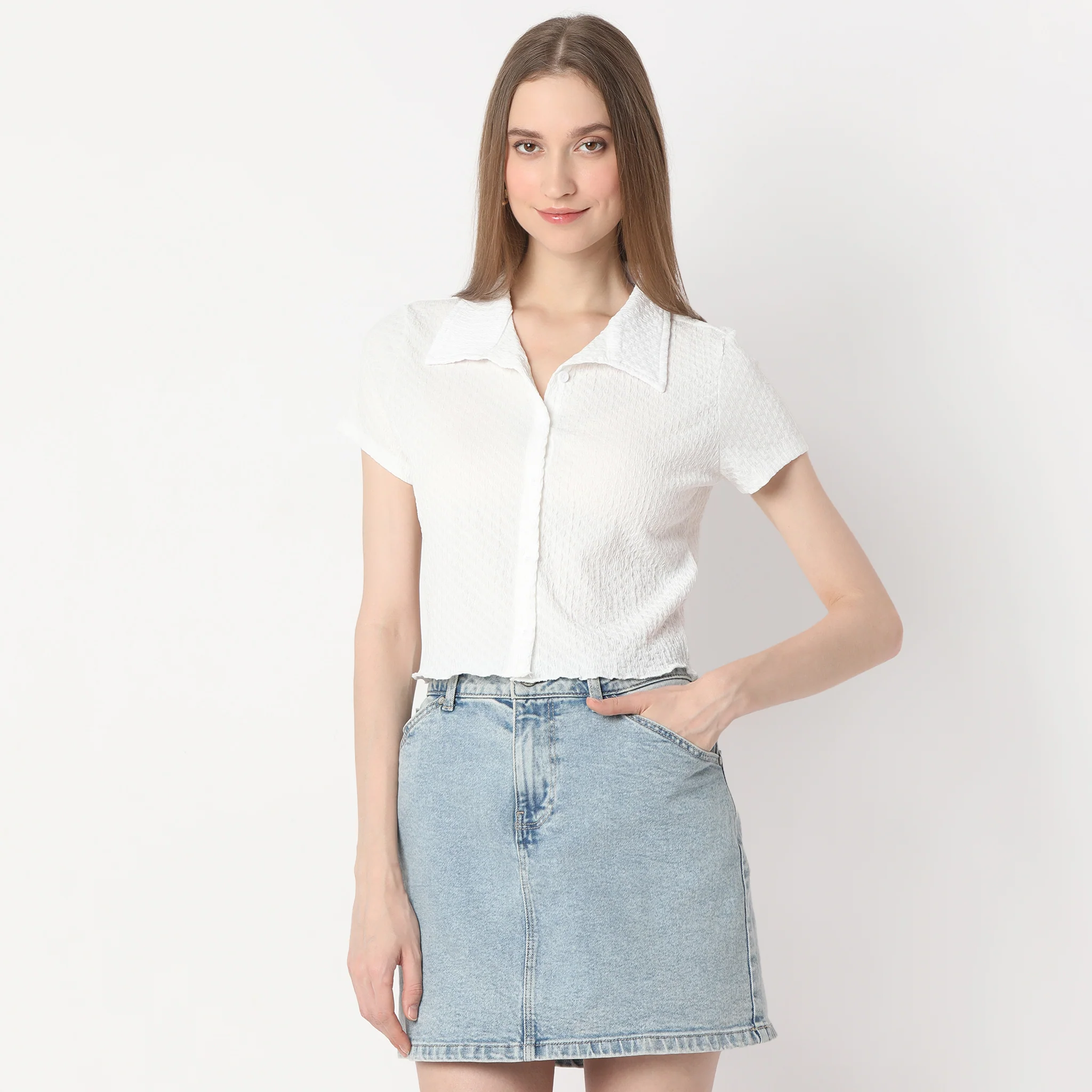 Solid Short Sleeve Crop Shirt - Image 7