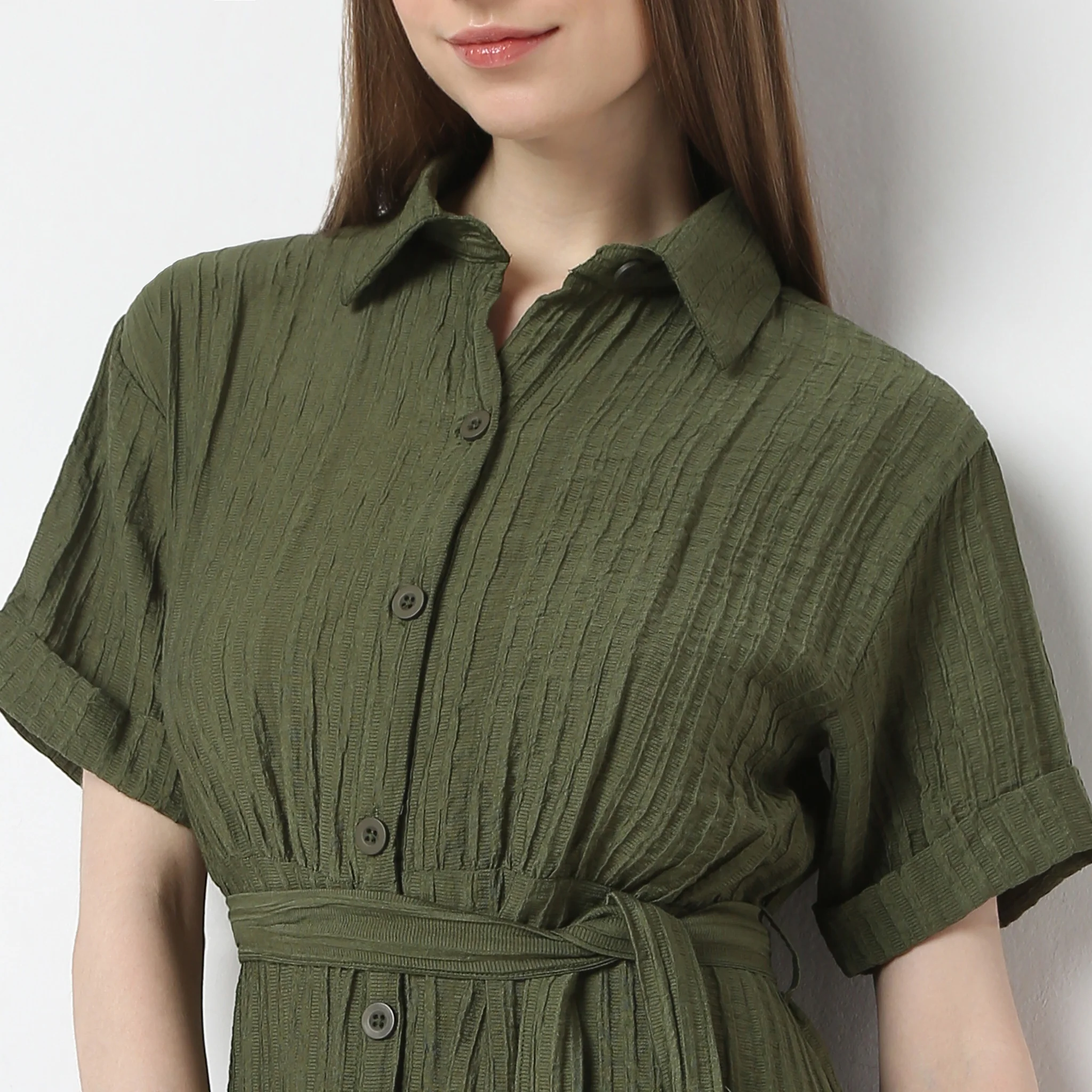 Regular Fit Solid Shirt Collar Dress - Image 15