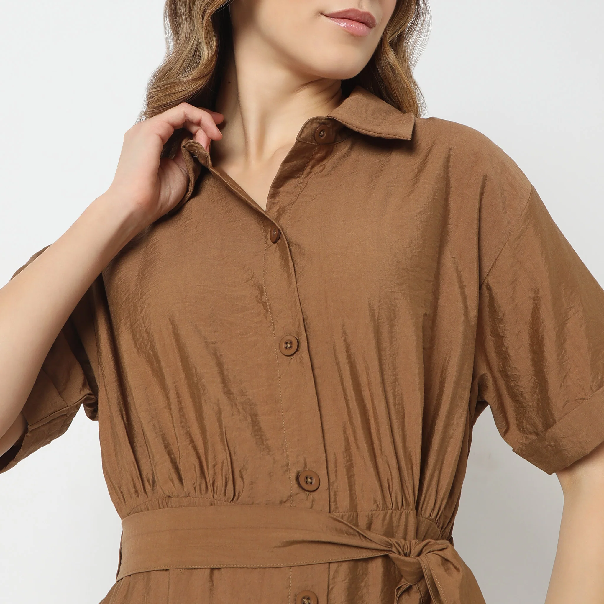 Regular Fit Solid Shirt Collar Dress - Image 25