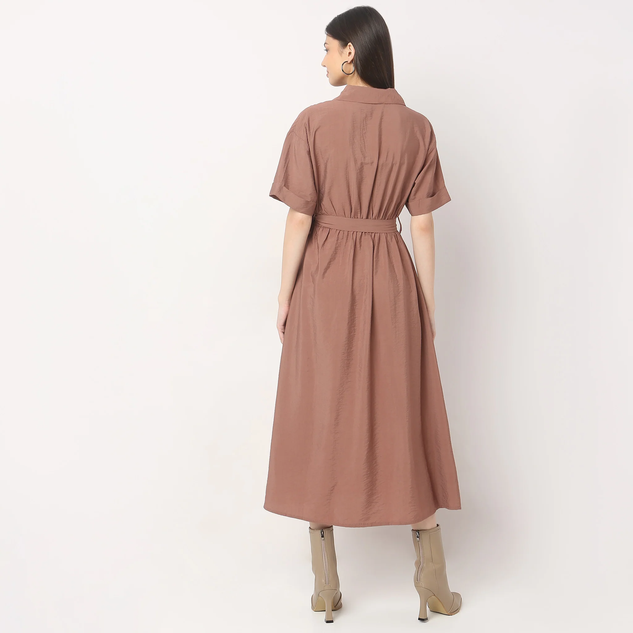Regular Fit Solid Shirt Collar Dress - Image 3