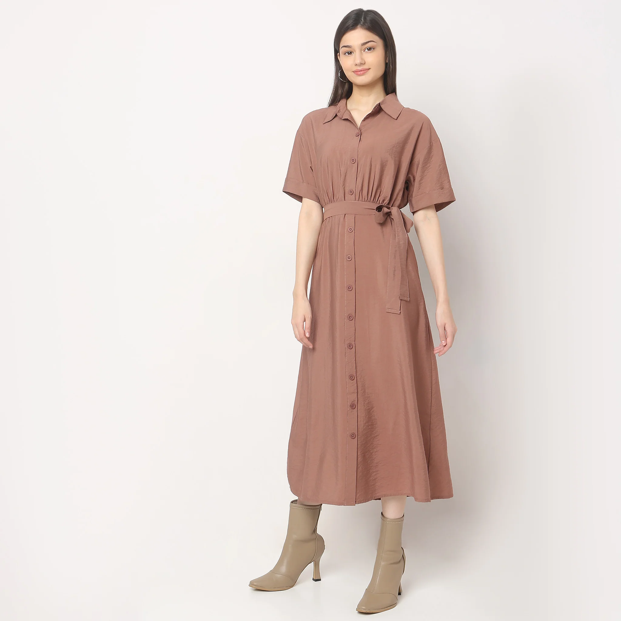Regular Fit Solid Shirt Collar Dress - Image 4