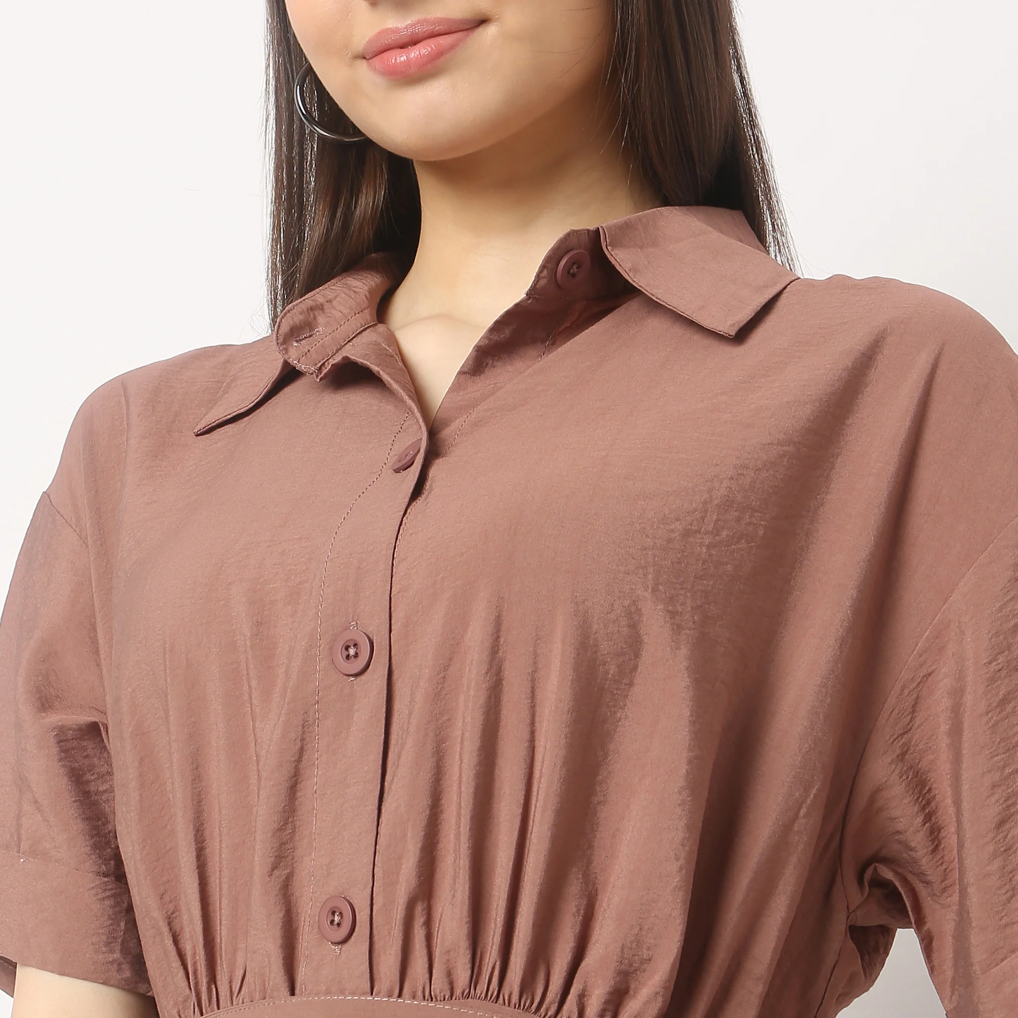 Regular Fit Solid Shirt Collar Dress - Image 5