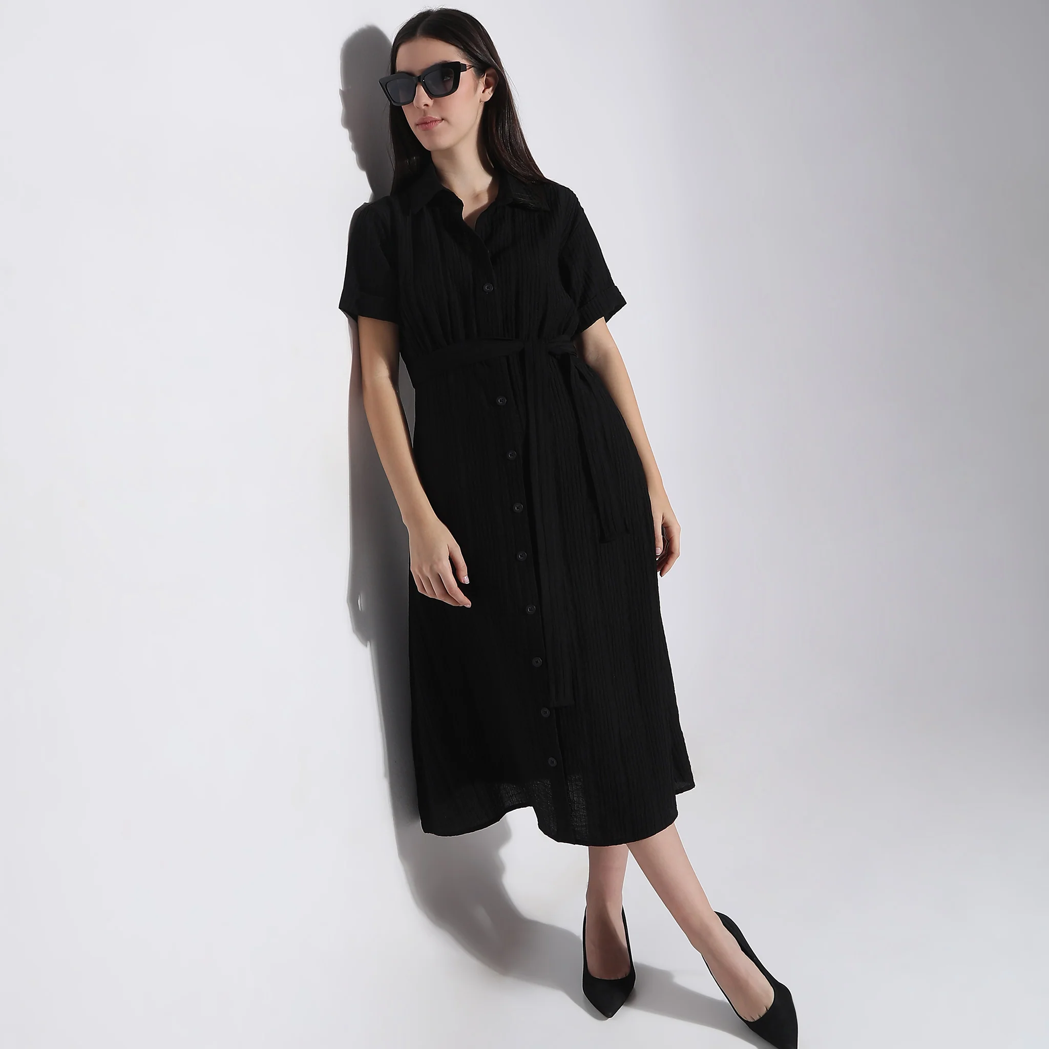 Regular Fit Solid Shirt Collar Dress - Image 6