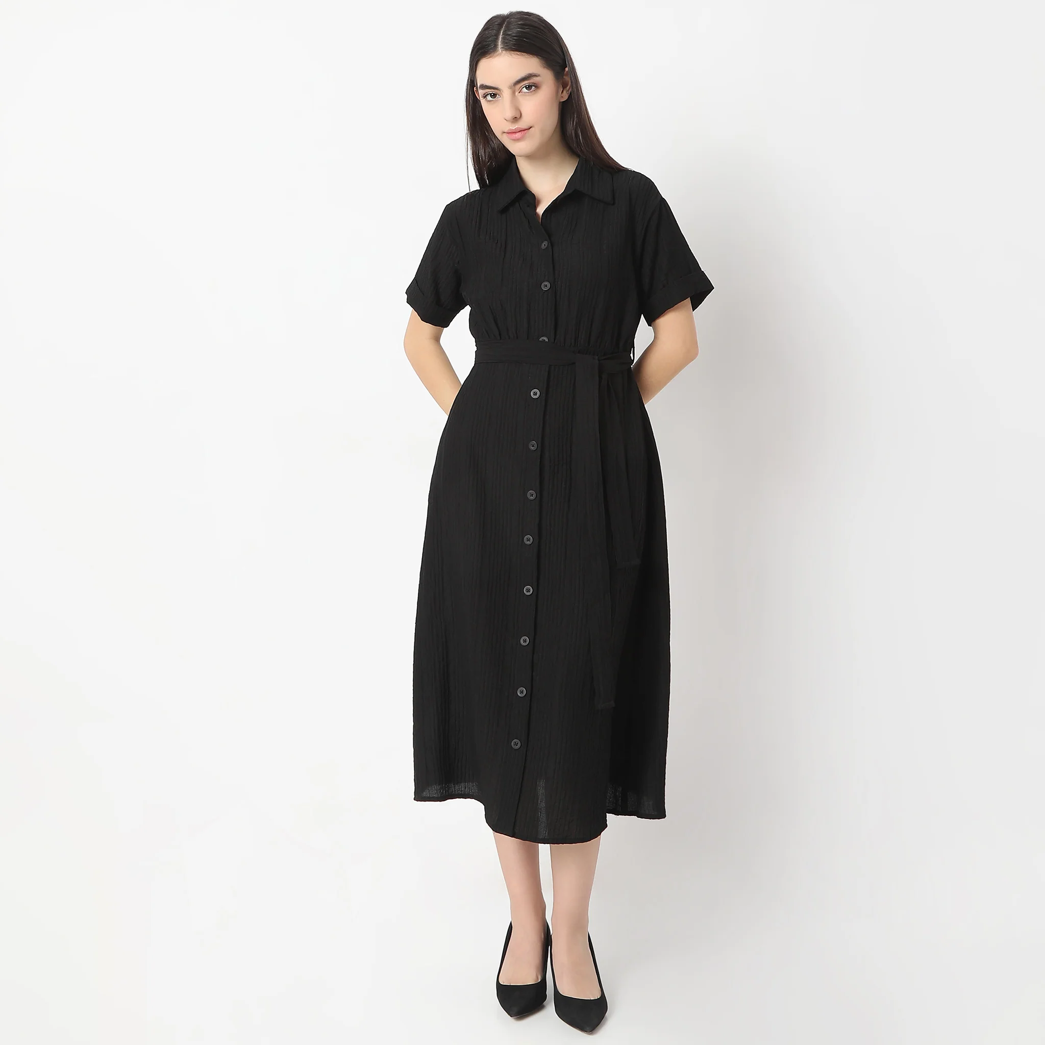 Regular Fit Solid Shirt Collar Dress - Image 7