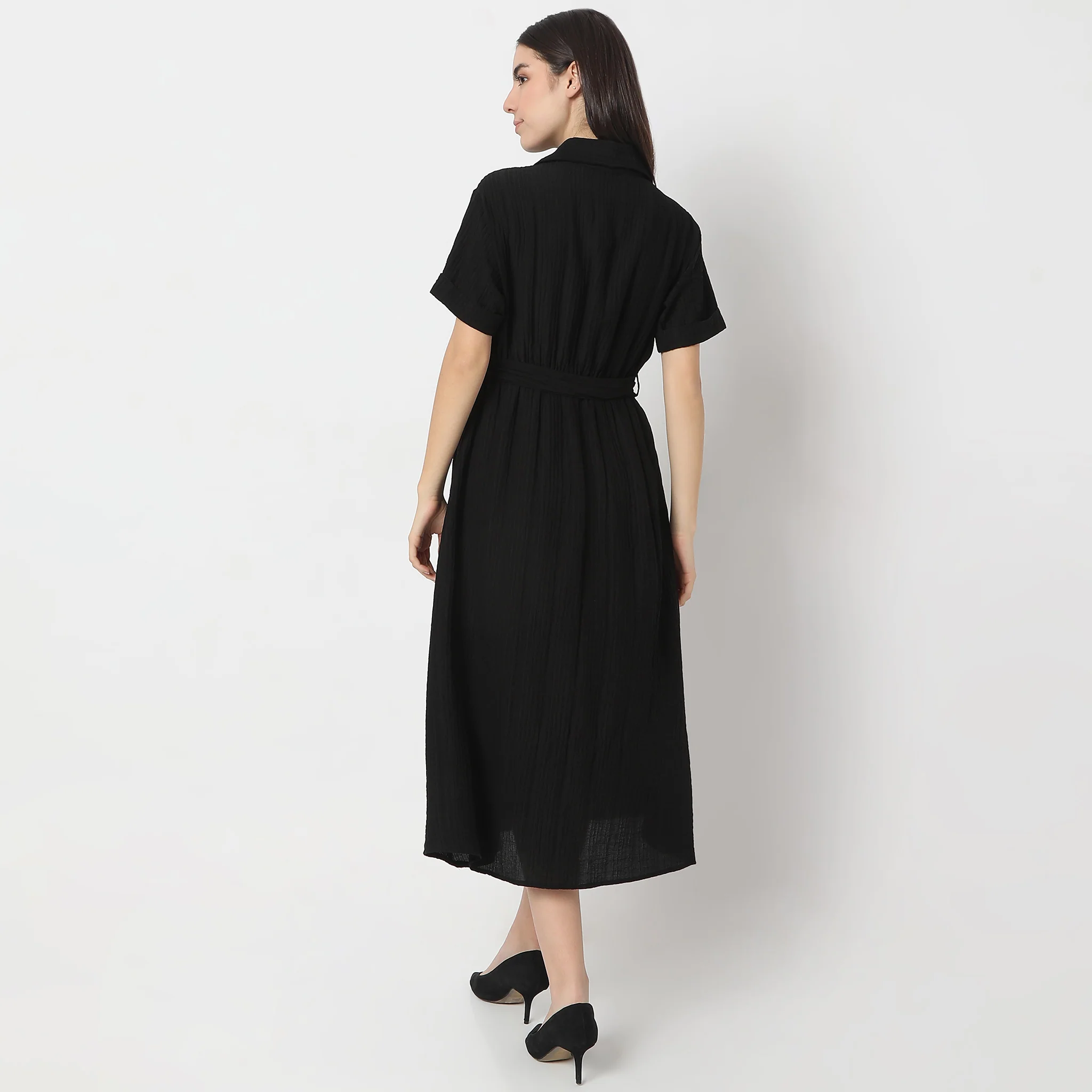 Regular Fit Solid Shirt Collar Dress - Image 8