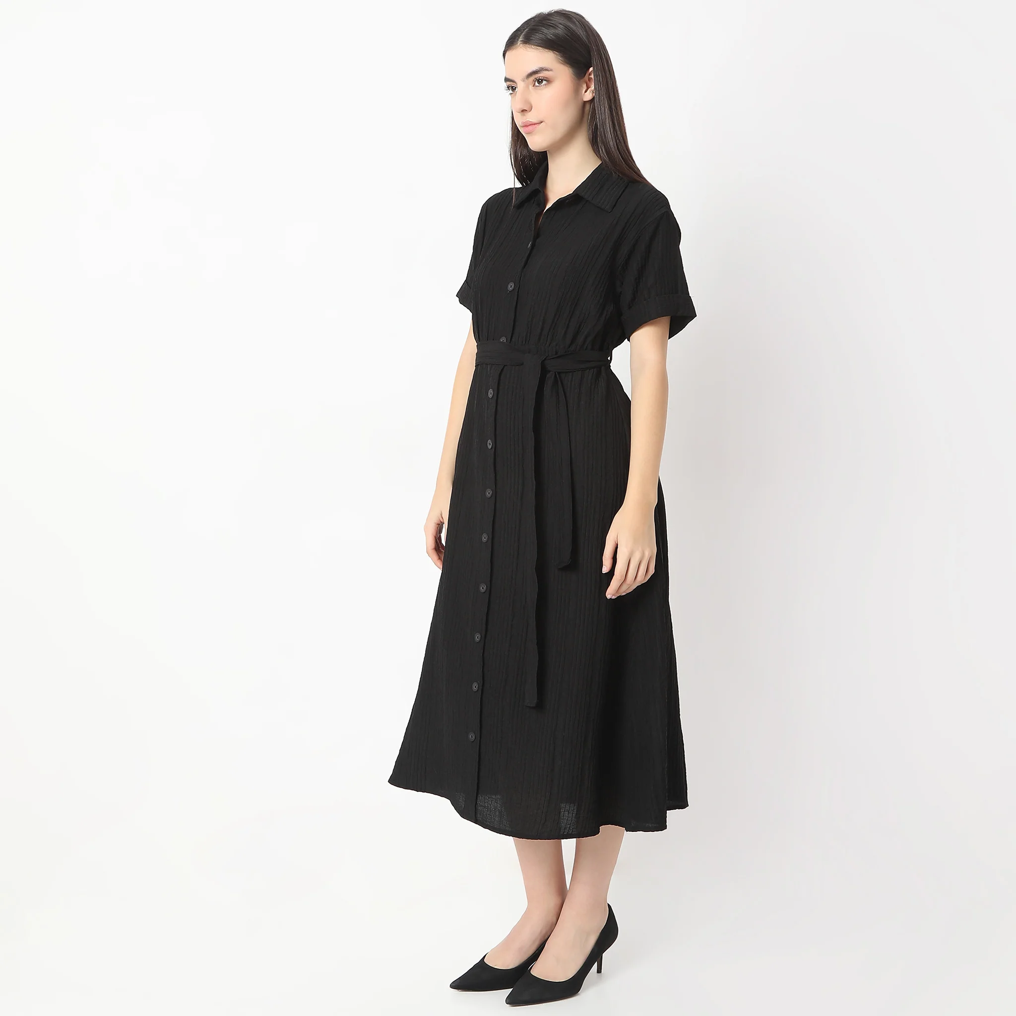 Regular Fit Solid Shirt Collar Dress - Image 9