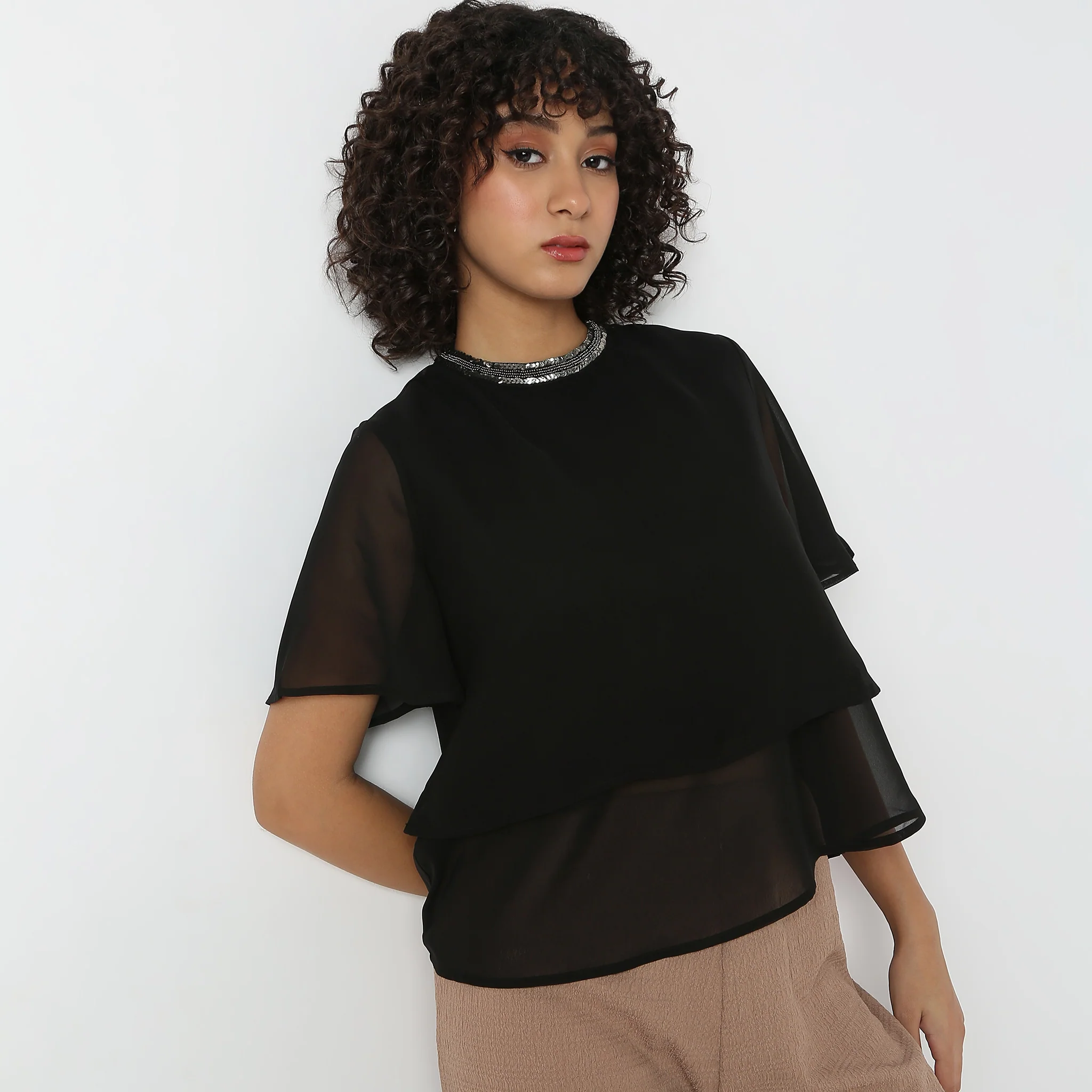 Layered Solid Flutter Sleeve Cape Top