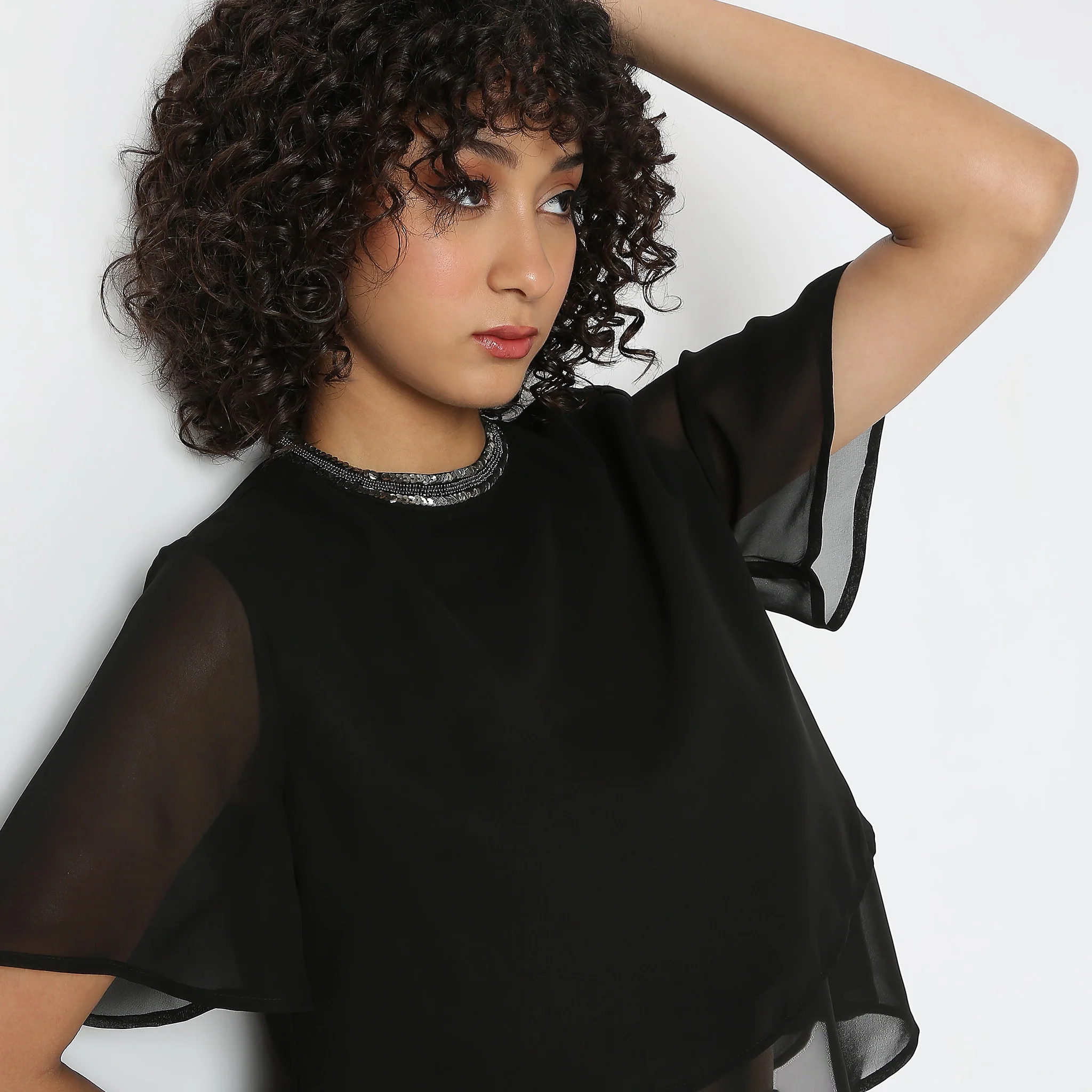 Layered Solid Flutter Sleeve Cape Top - Image 4