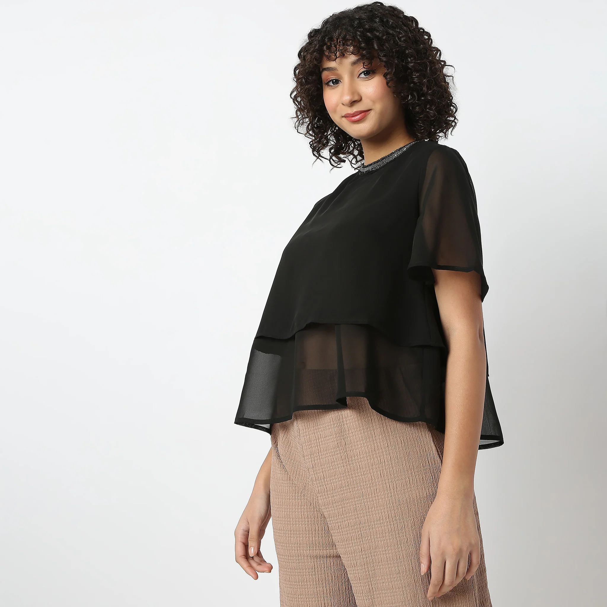 Layered Solid Flutter Sleeve Cape Top - Image 5