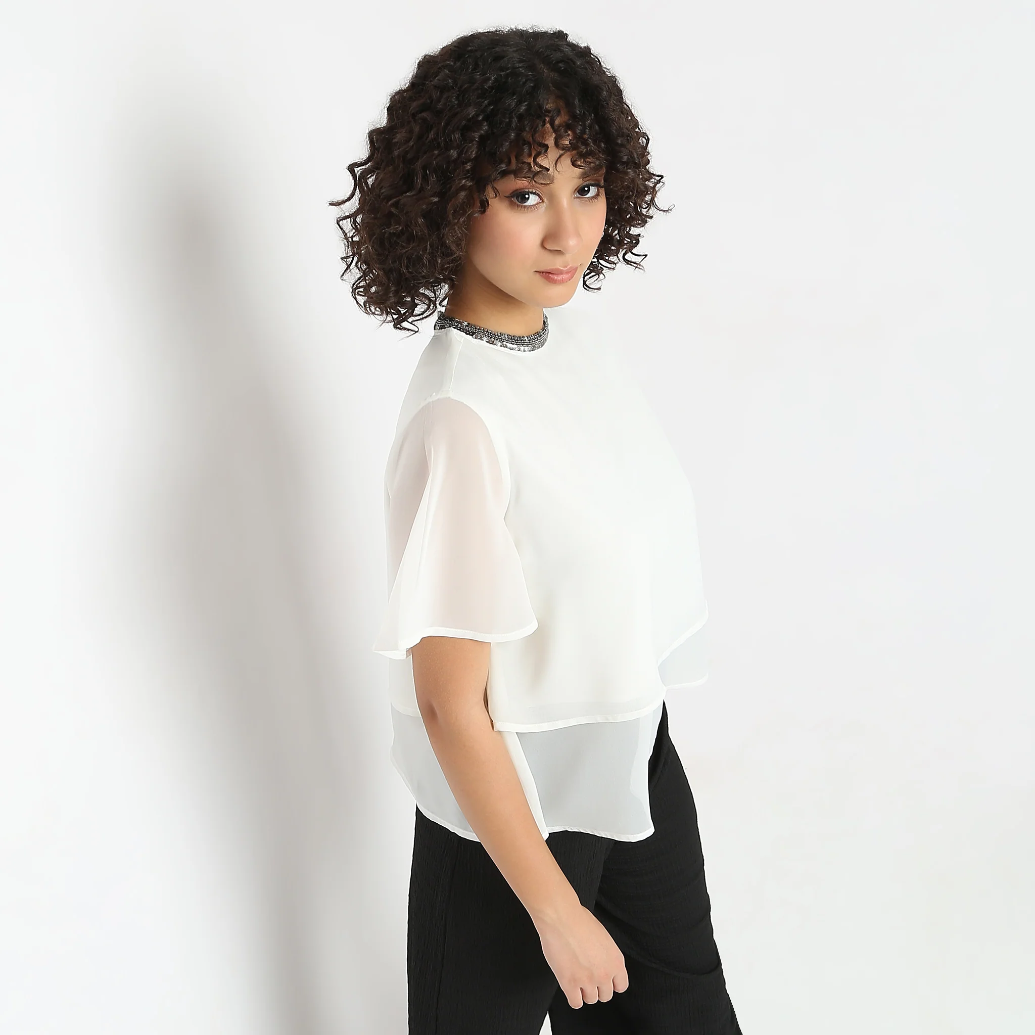 Layered Solid Flutter Sleeve Cape Top - Image 6