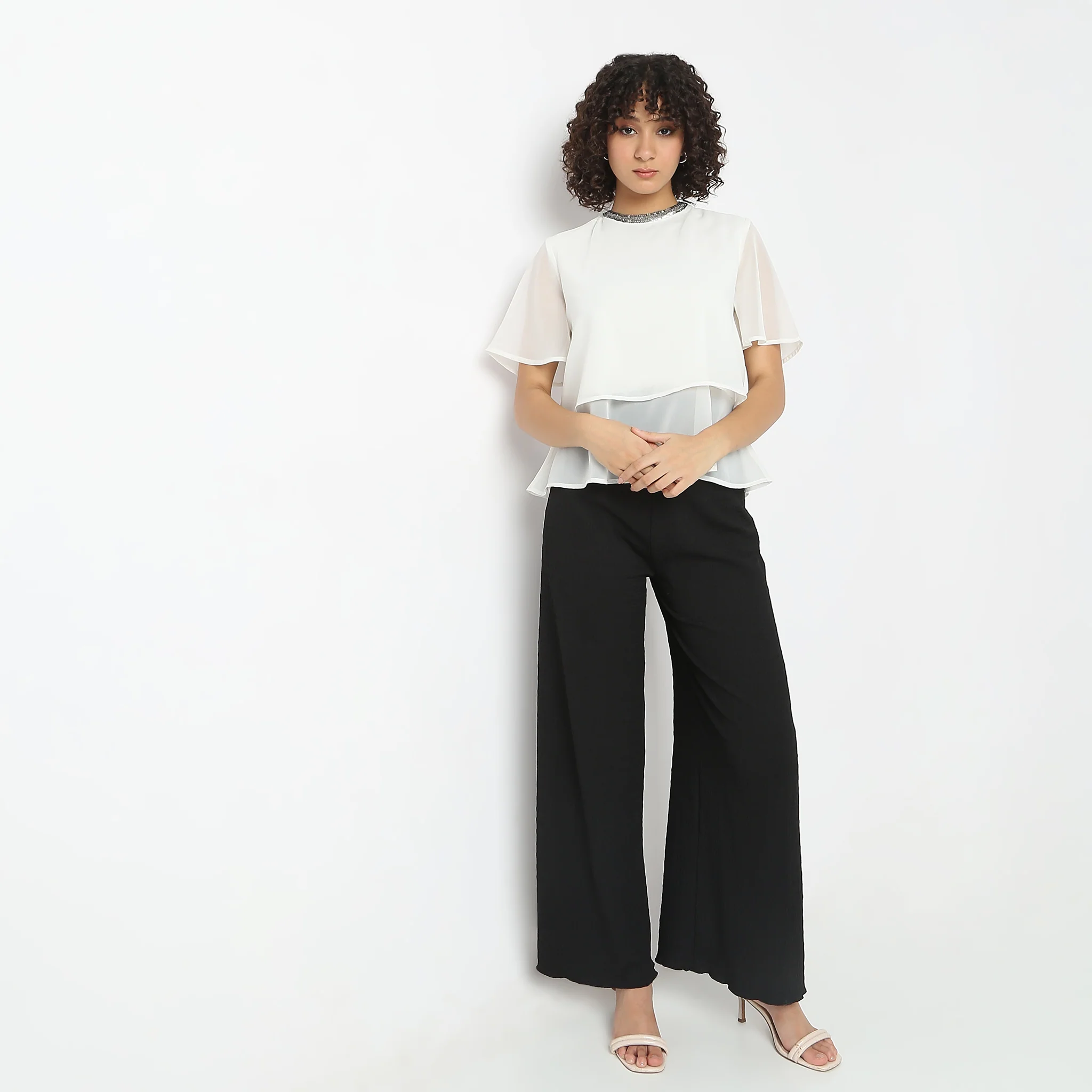 Layered Solid Flutter Sleeve Cape Top - Image 7