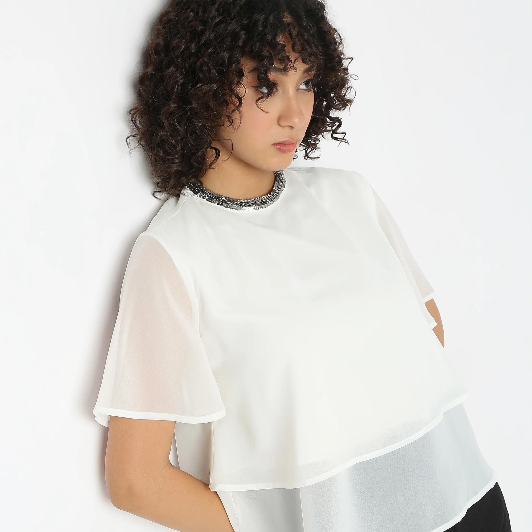 Layered Solid Flutter Sleeve Cape Top - Image 9