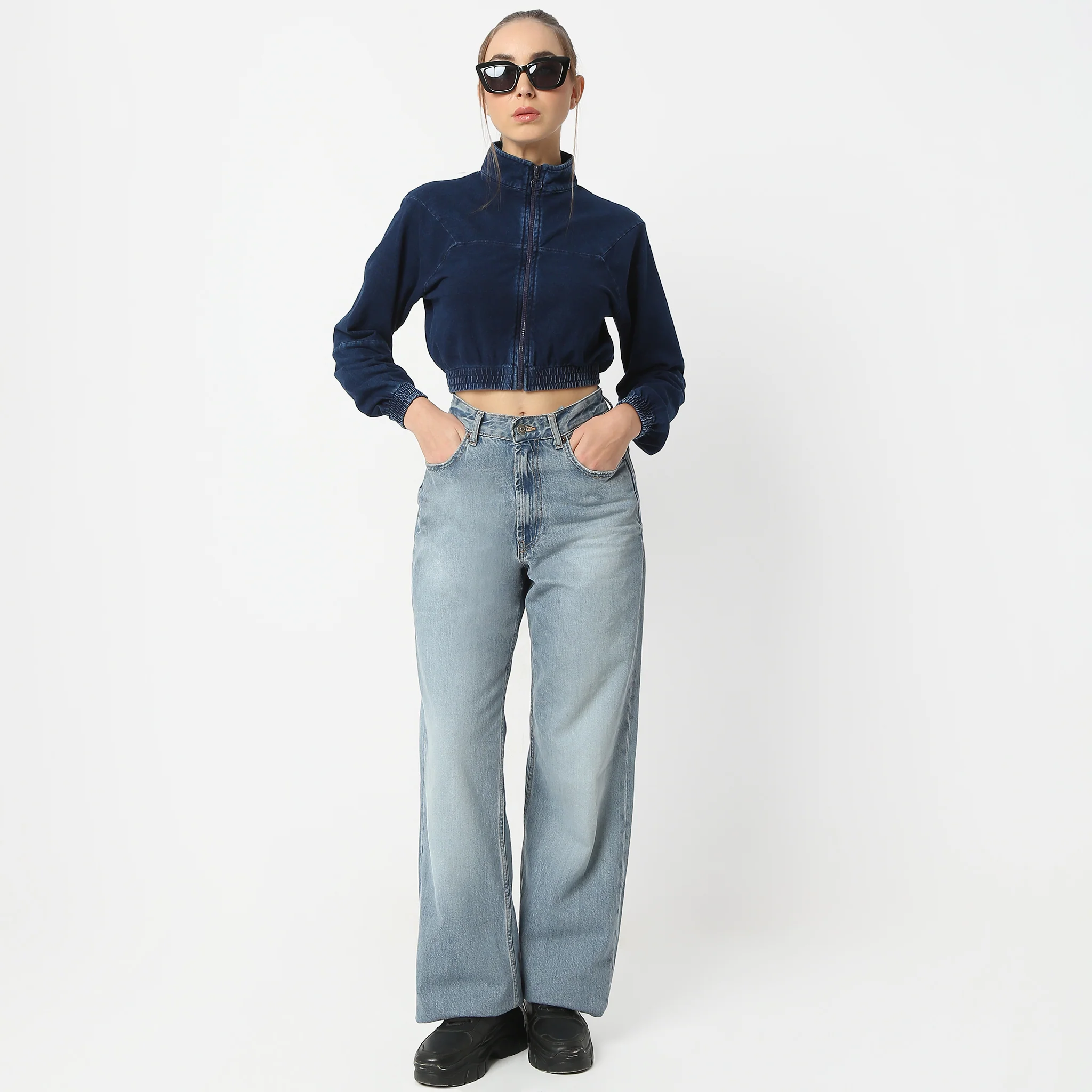 High Neck Performance Denim Crop Jacket With Long Sleeve And Zip Up Fashion