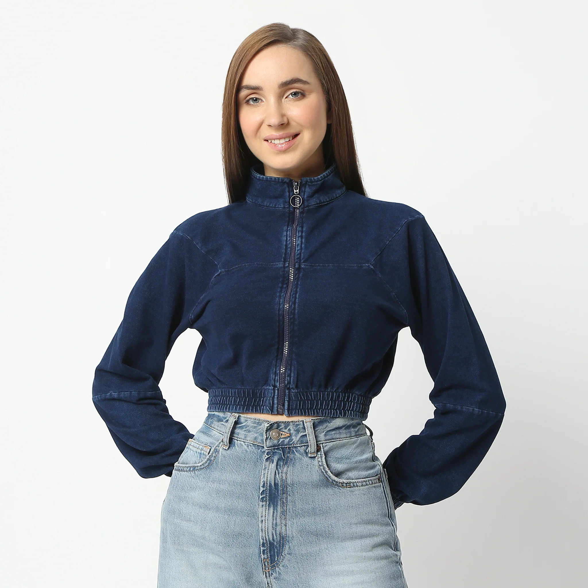 High Neck Performance Denim Crop Jacket With Long Sleeve And Zip Up Fashion - Image 2