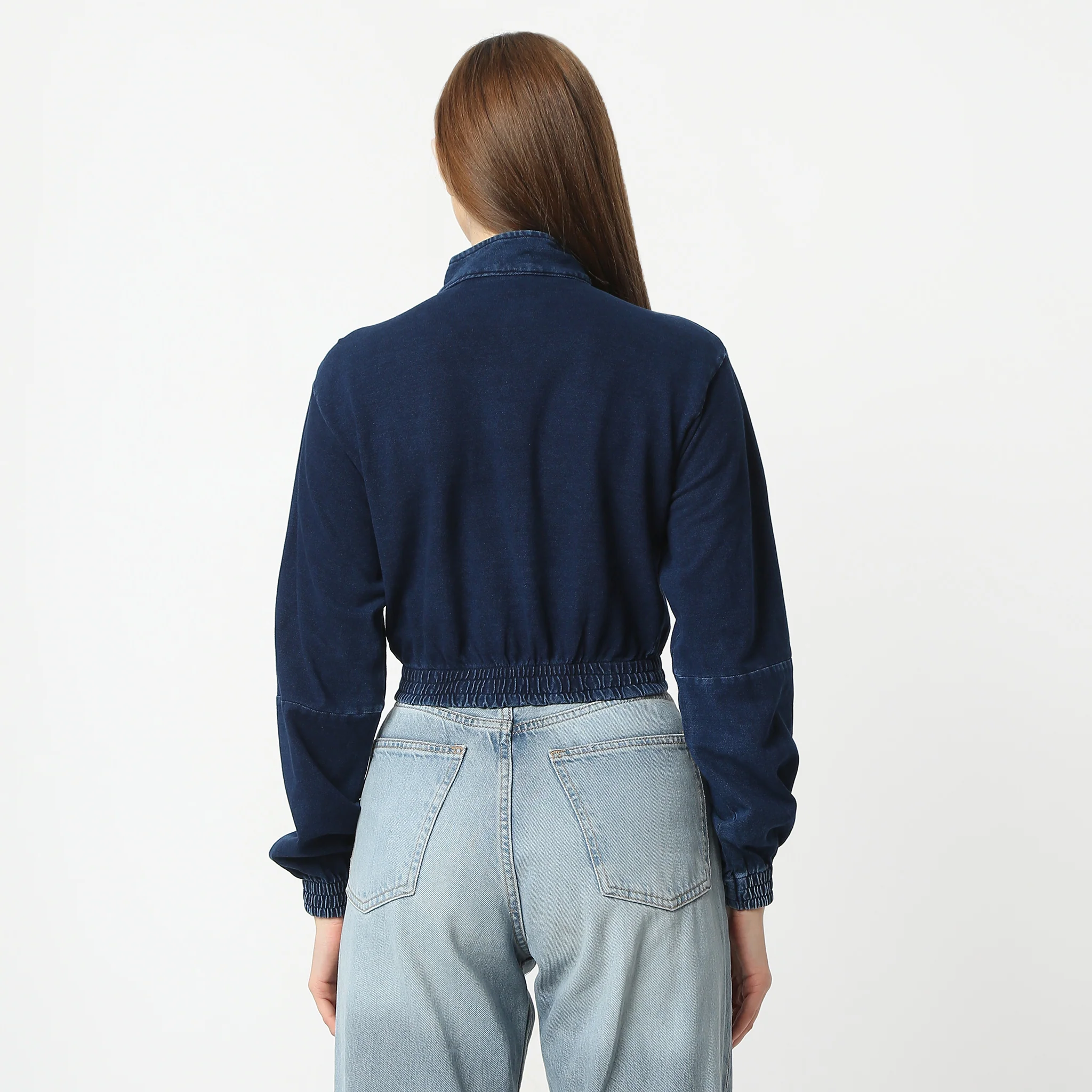 High Neck Performance Denim Crop Jacket With Long Sleeve And Zip Up Fashion - Image 3