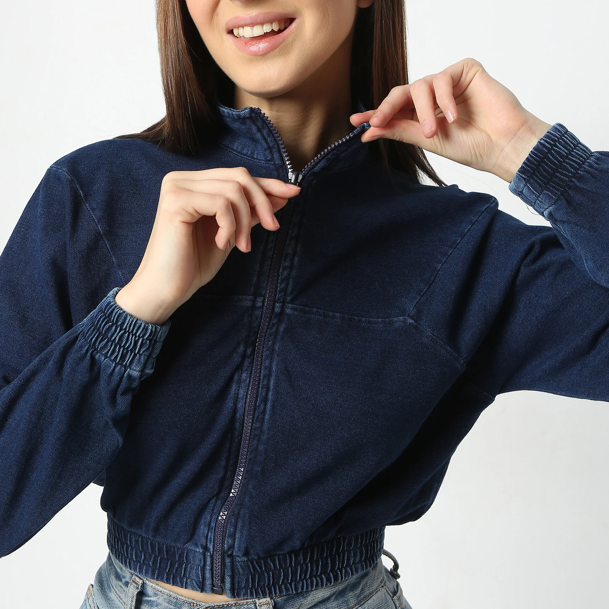 High Neck Performance Denim Crop Jacket With Long Sleeve And Zip Up Fashion - Image 4
