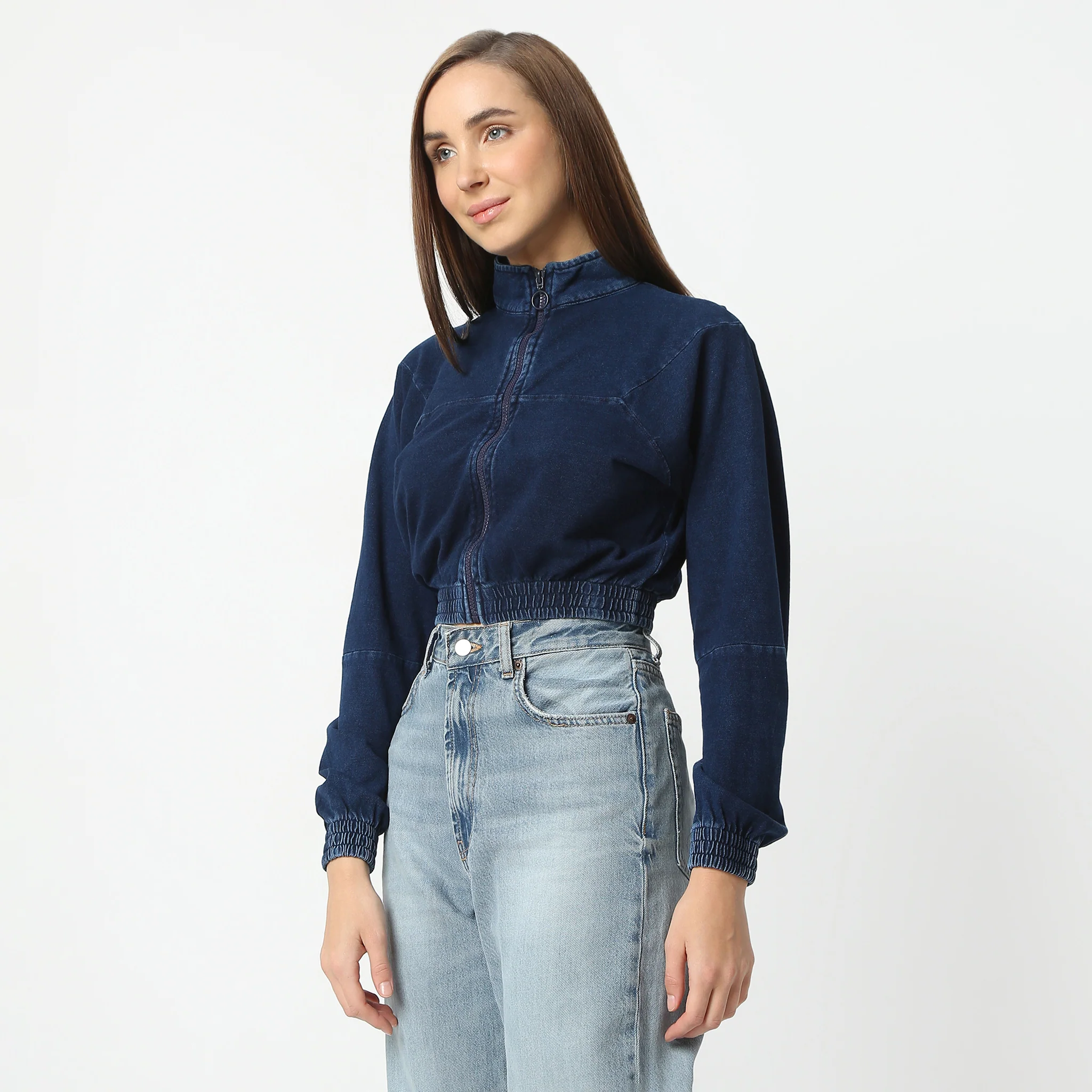 High Neck Performance Denim Crop Jacket With Long Sleeve And Zip Up Fashion - Image 5