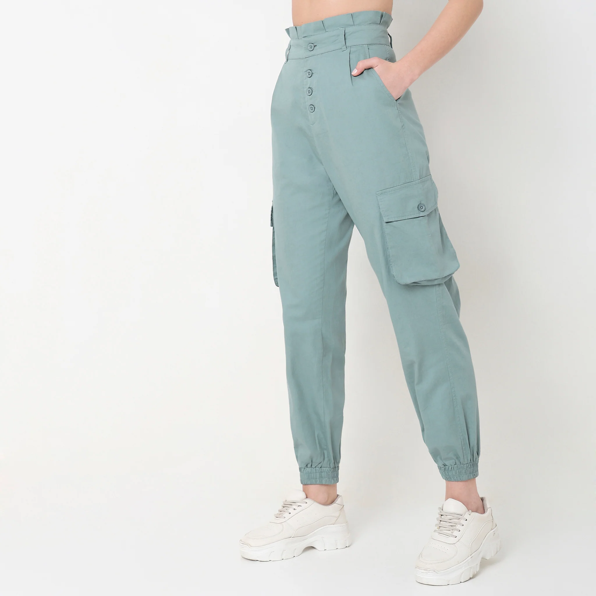 Regular Fit Solid High Rise Cargos - Image 10
