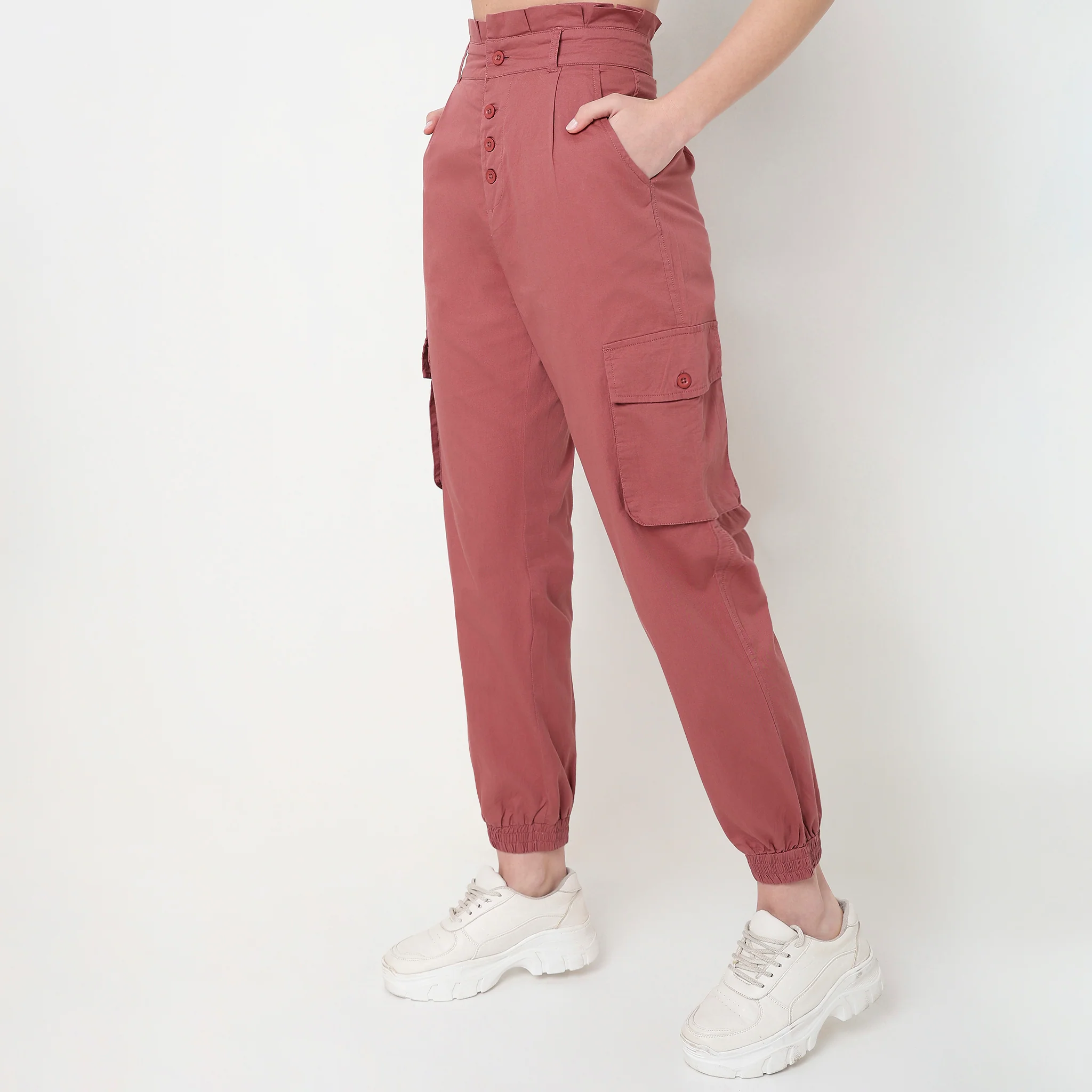 Regular Fit Solid High Rise Cargos - Image 3