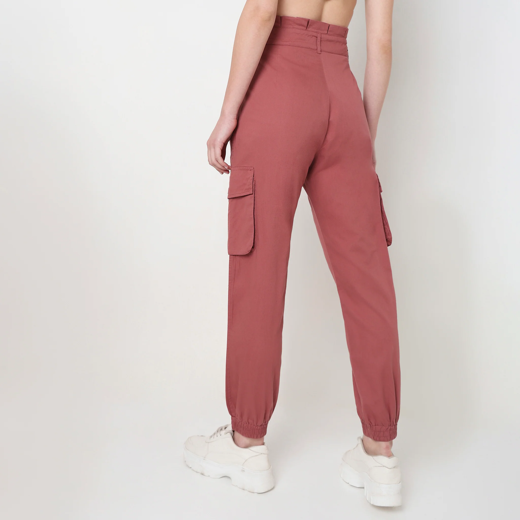 Regular Fit Solid High Rise Cargos - Image 5