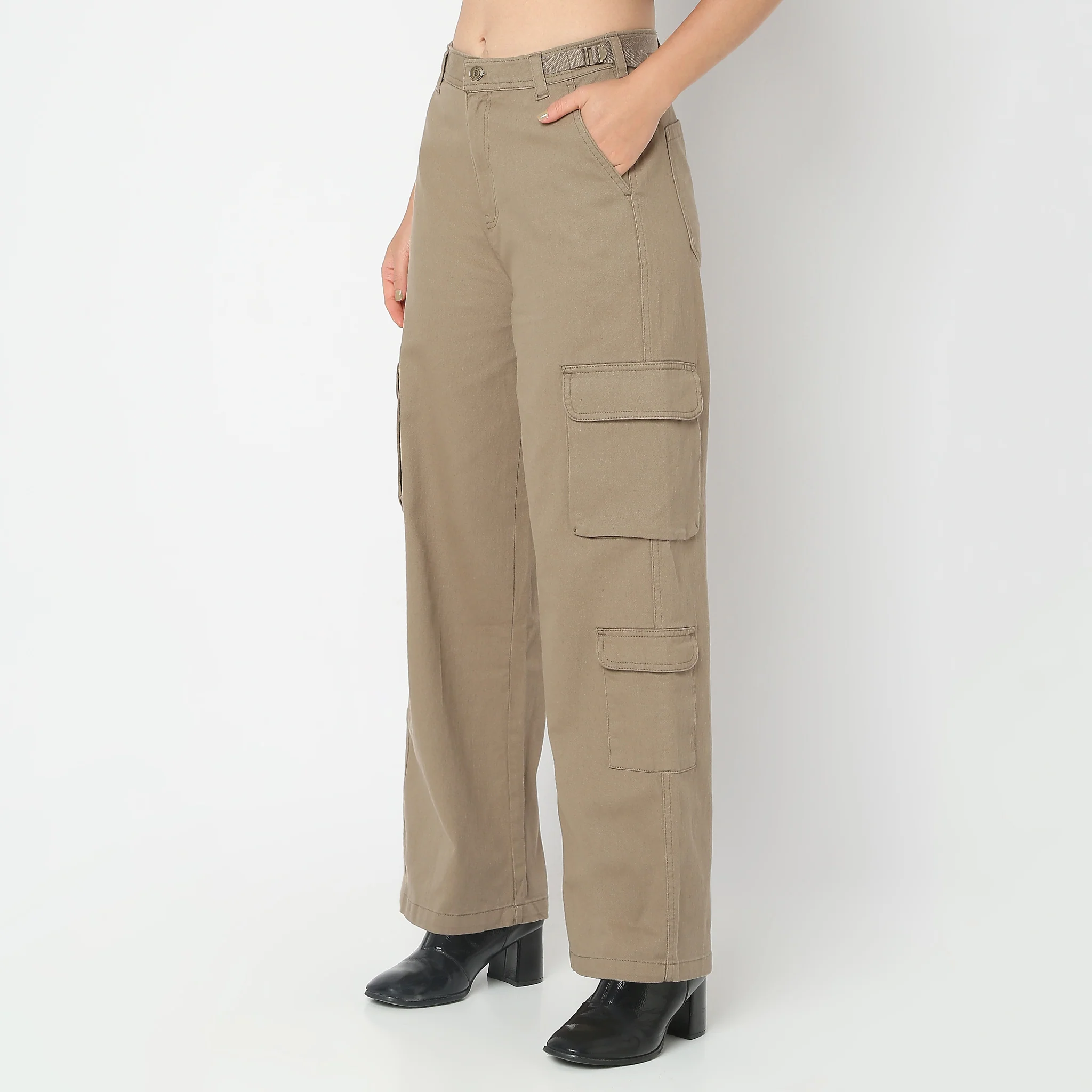 Regular Fit Solid High Rise Cargos - Image 10