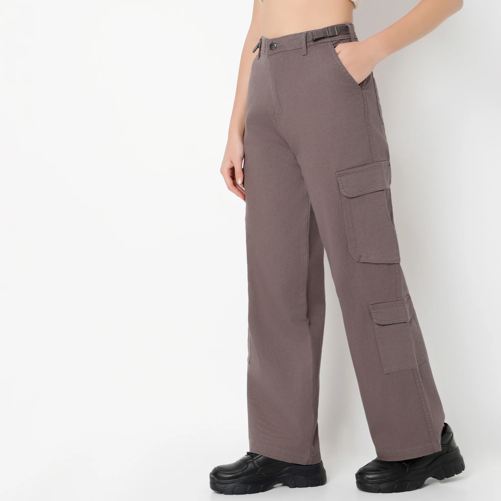 Regular Fit Solid High Rise Cargos - Image 16