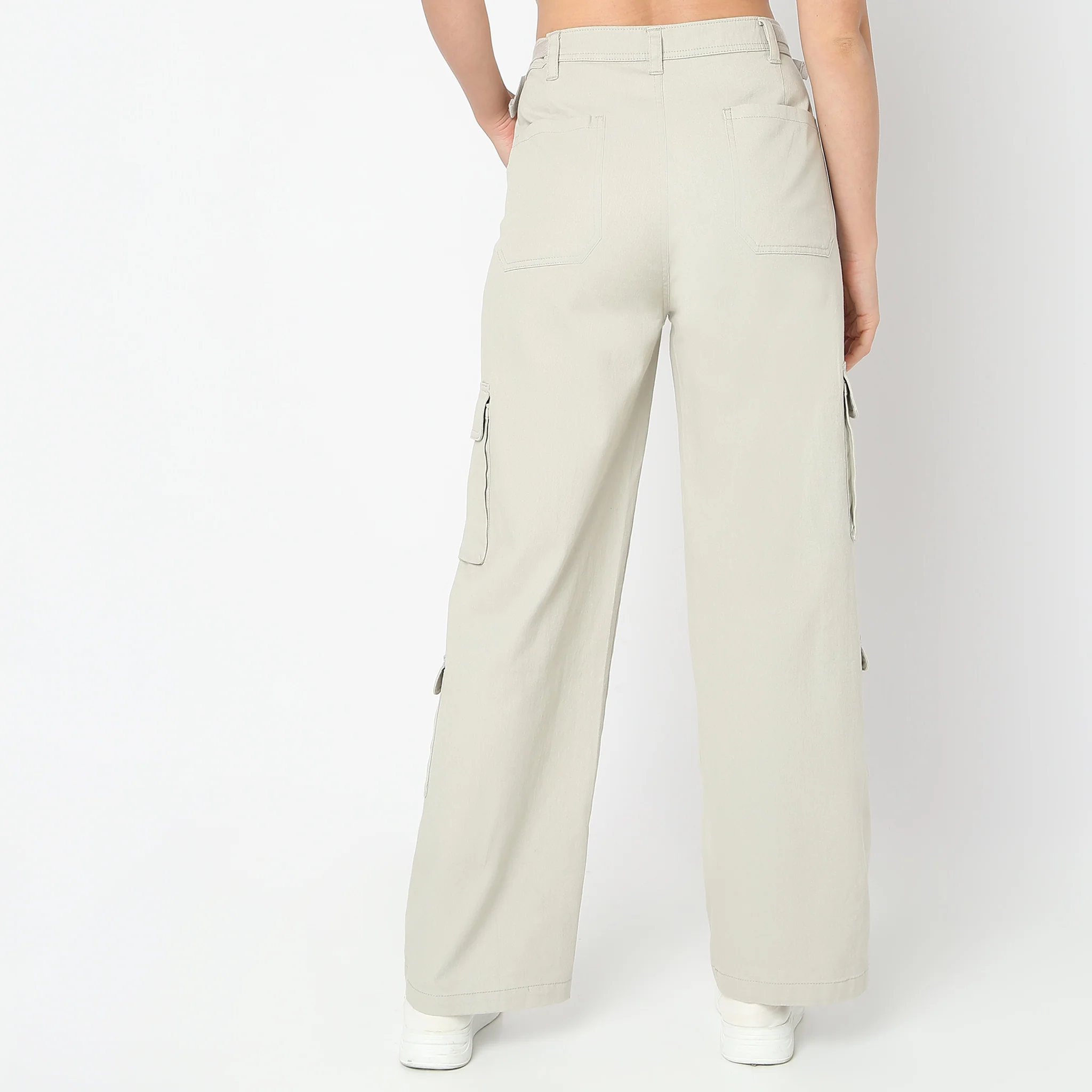 Regular Fit Solid High Rise Cargos - Image 3