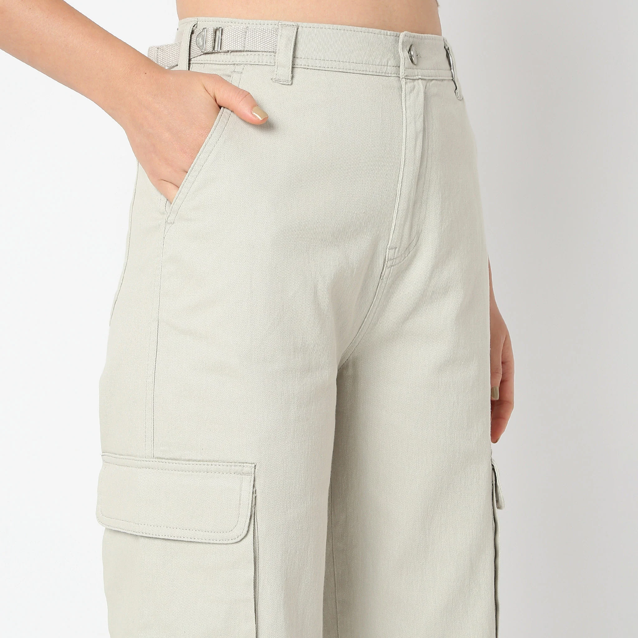 Regular Fit Solid High Rise Cargos - Image 4